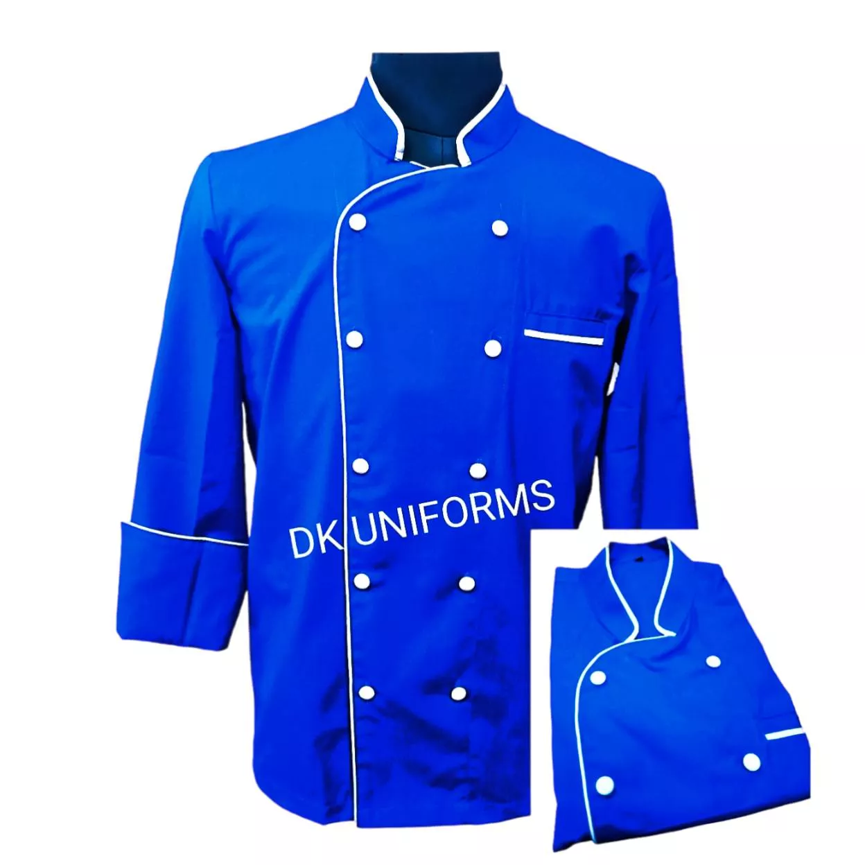 Durable blue chef coat with white accents designed for professional kitchens, featuring a double-breasted front, available in