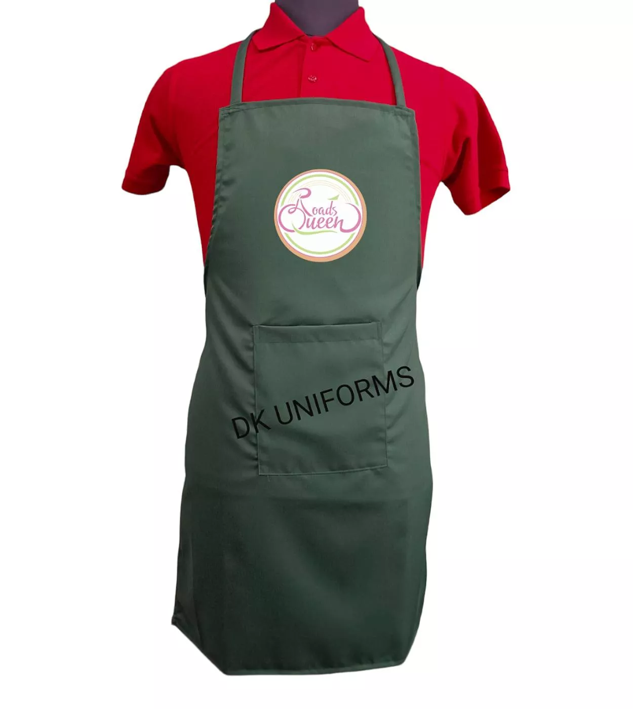 Stylish green chef apron with front pocket from D K UNIFORMS in Delhi, designed for culinary enthusiasts.