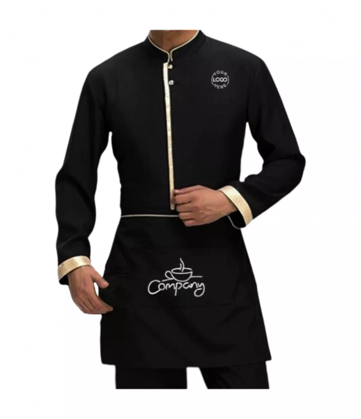 Stylish waiter uniform with gold trim and logo customization, showing elegant design suitable for professionals in DELHI. - Image 1