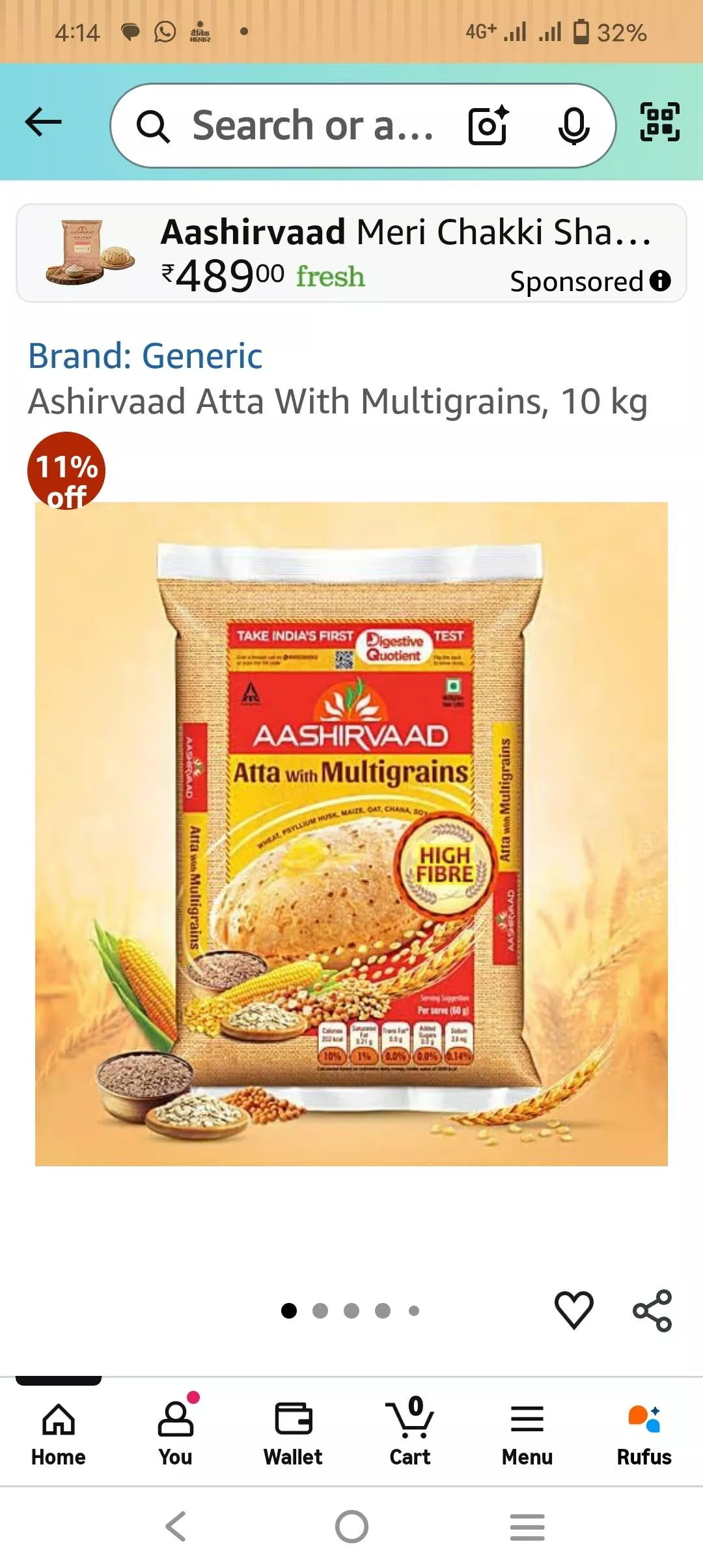 High-fiber multigrain flour pack of Aashirvaad Atta in Moga — 10 kg for daily cooking