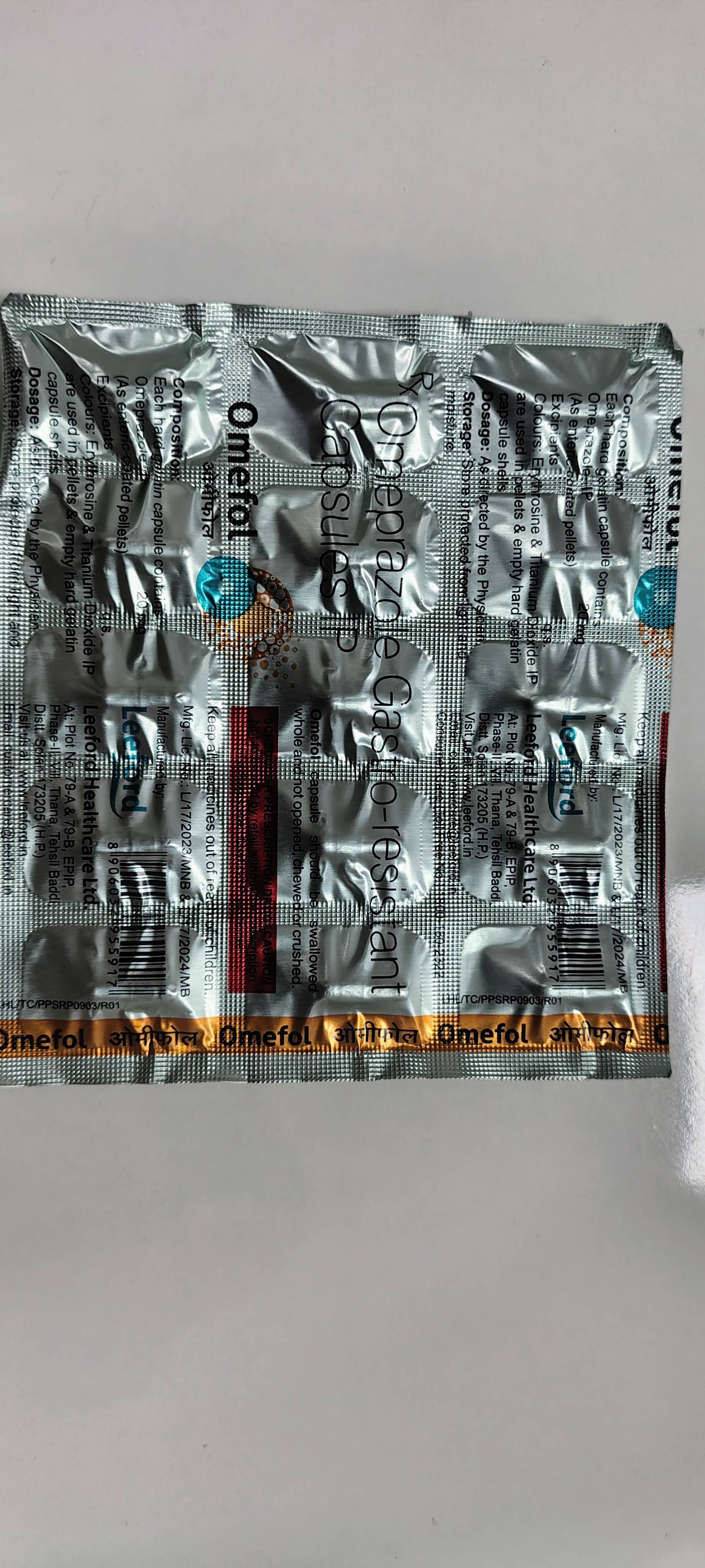 Omefol Gastro-Resistant Capsules in Mocha, designed for fast relief from acid reflux, in a blister pack with clear labeling.