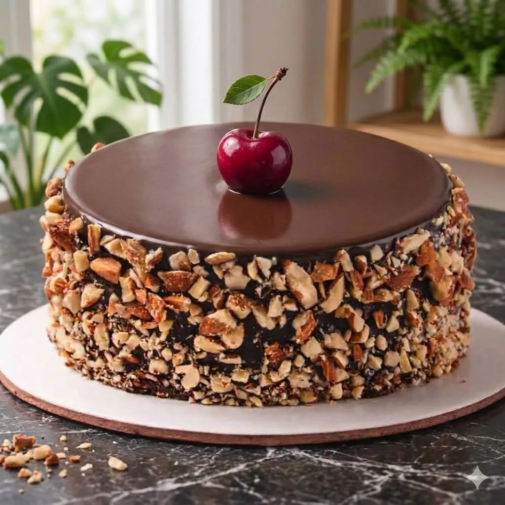 Delicious Deluxe Chocolate Almond Cake topped with almonds and cherries, showcasing a rich chocolate texture, from VARNIKA PA