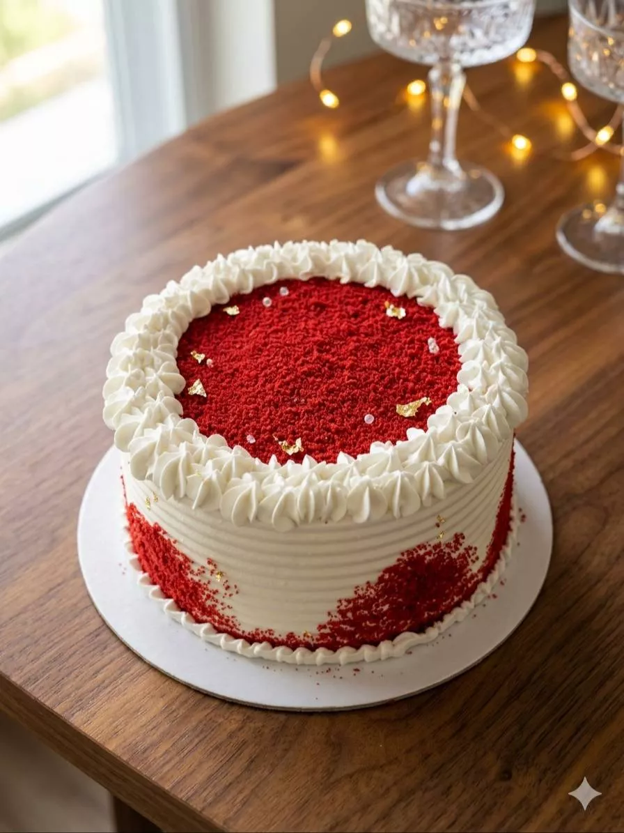 Rich Bakery/Red Velvet Delight Cake in Bangalore topped with cream cheese frosting and gold leaf decoration, showcasing its e