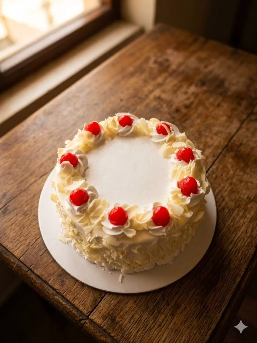 Soft and moist Vanilla Cake in Bangalore topped with creamy frosting and cherries, perfect for celebrations.