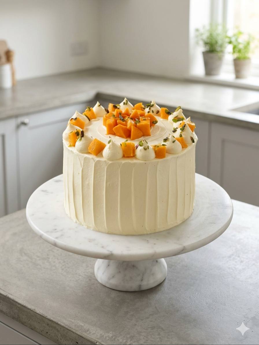 Delicious Mango Delight Cake topped with creamy frosting, showcasing a vibrant mango flavor, from VARNIKA PATISSERIE in Banga