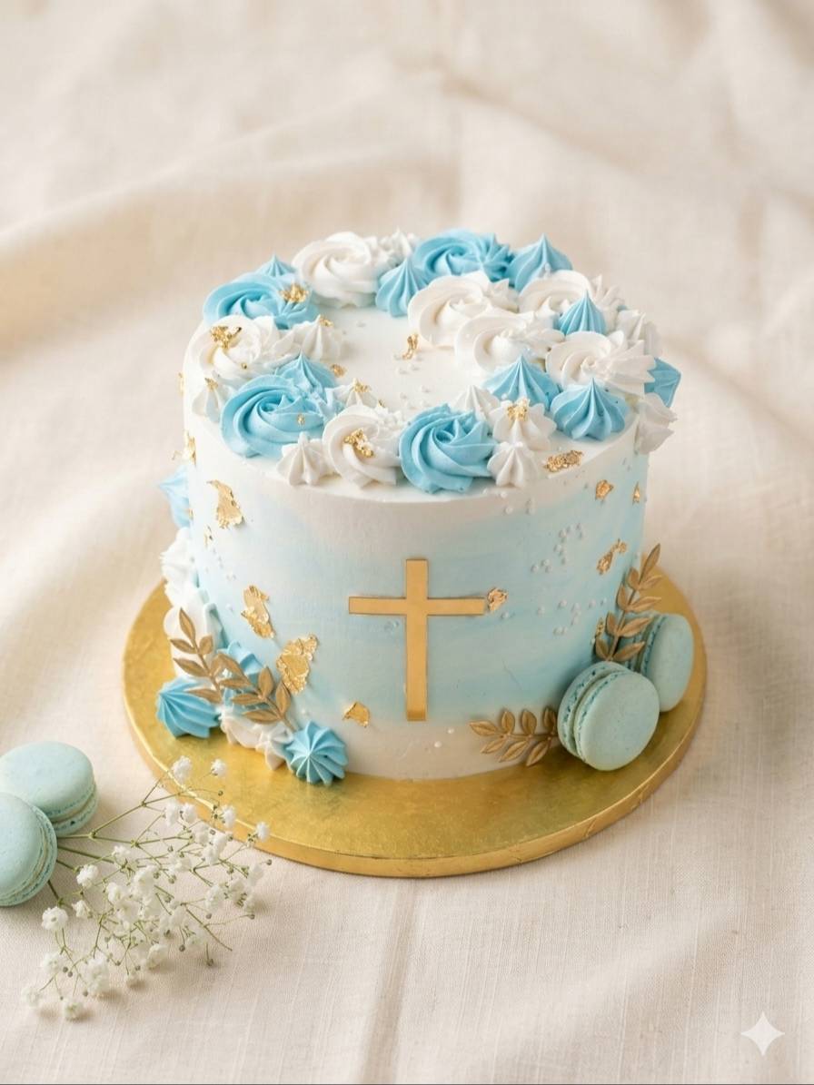 Heavenly Celebration Cake designed with elegant blue and white frosting, adorned with gold accents, available at VARNIKA PATI