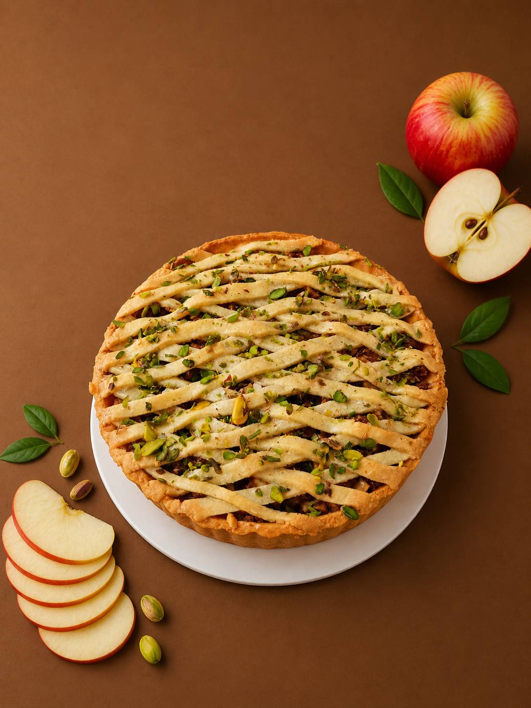Delicious apple pie topped with pistachios and a lattice crust, showcasing its golden-brown finish, from VARNIKA PATISSERIE i