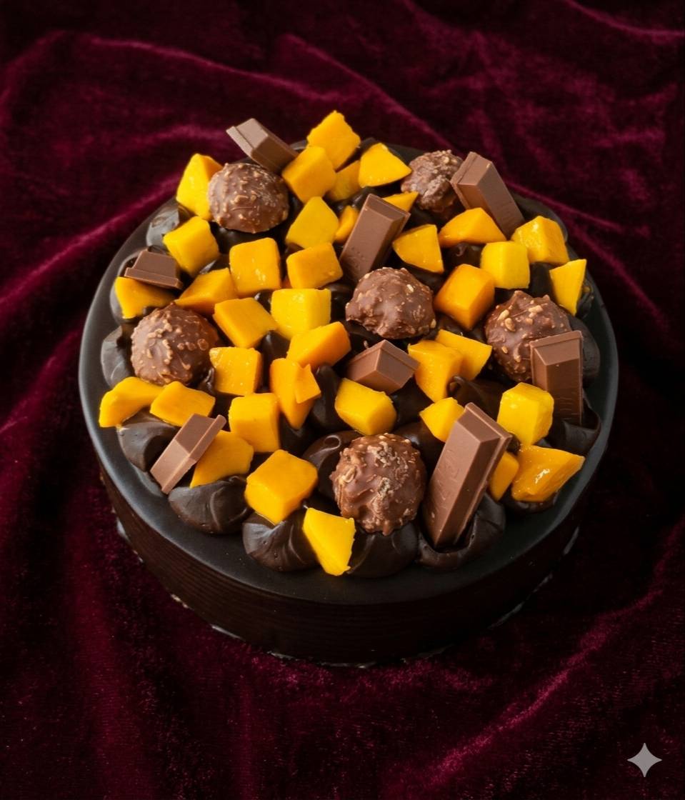 Deluxe Cake Mango Chocolate featuring rich chocolate layers and fresh mango slices, beautifully decorated with praline chocol
