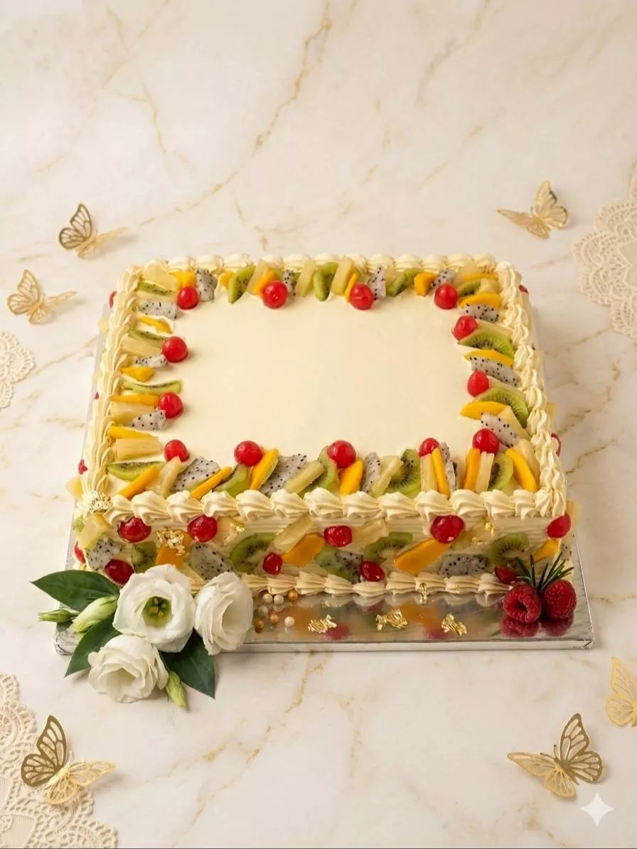 Exotic fruit cake featuring a rich base topped with assorted fresh fruits, from VARNIKA PATISSERIE in Bangalore, showcasing v