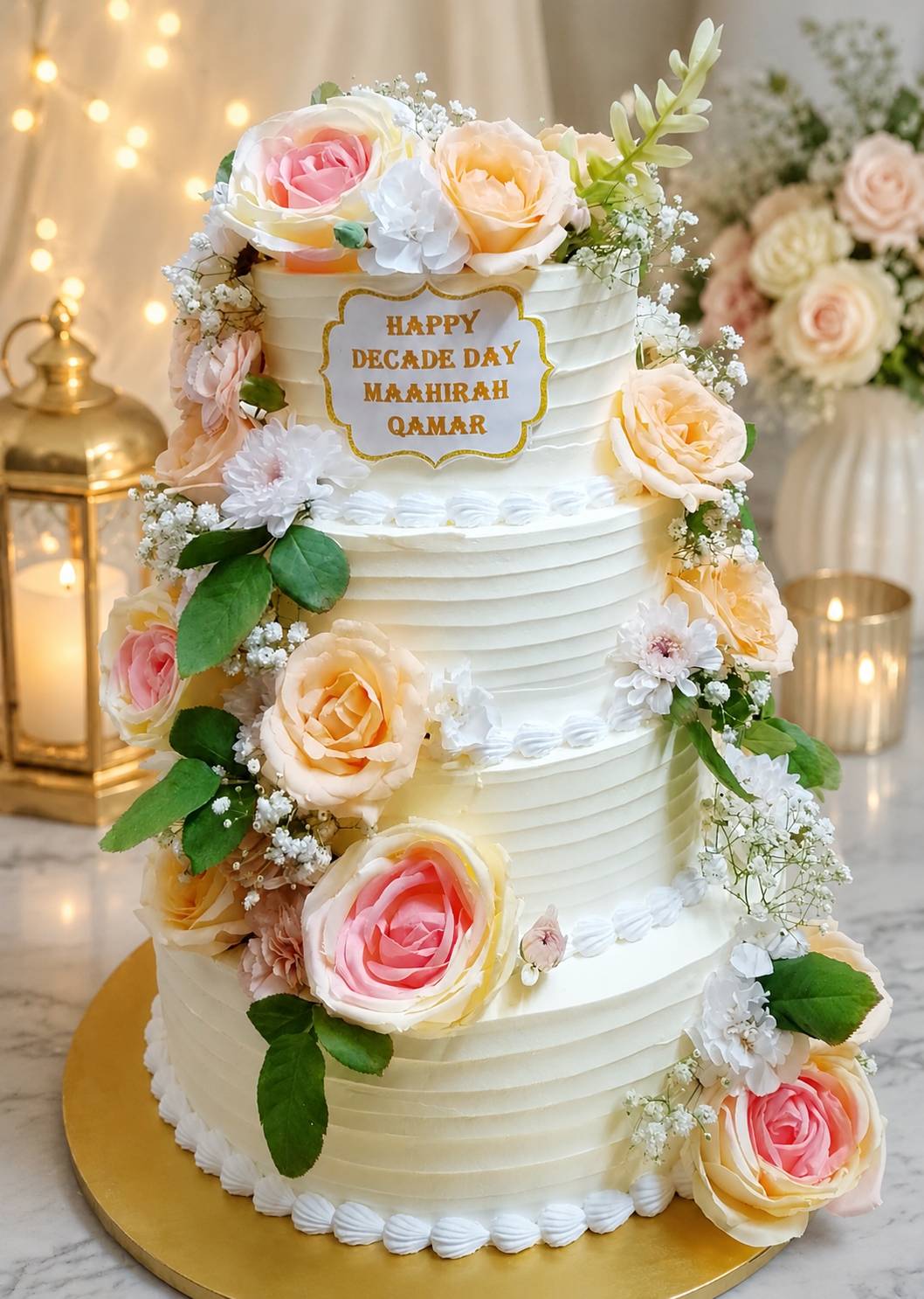 A stunning three-tier floral celebration cake featuring vibrant flowers and intricate designs, perfect for special occasions,