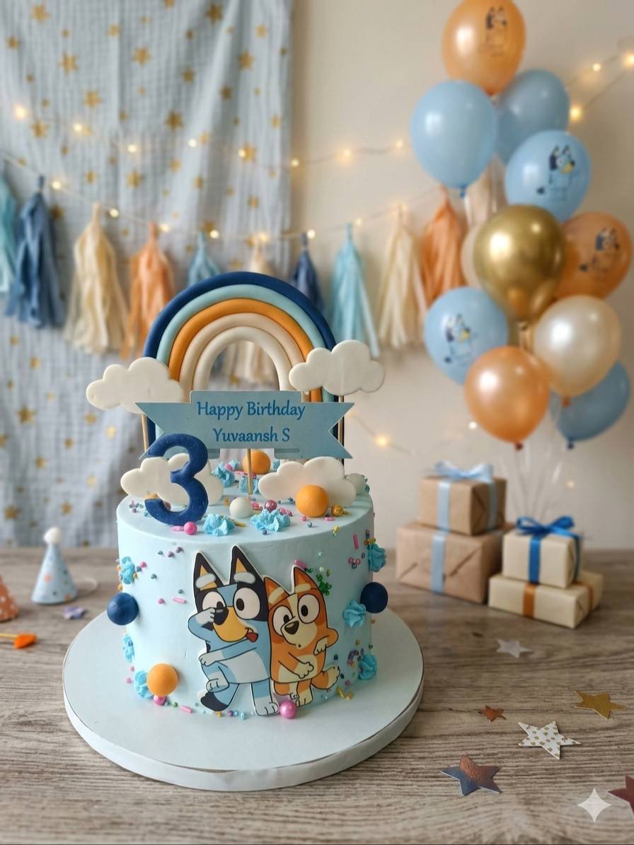 Customizable blue cartoon-themed birthday cake designed for children’s parties from VARNIKA PATISSERIE in Bangalore, featurin