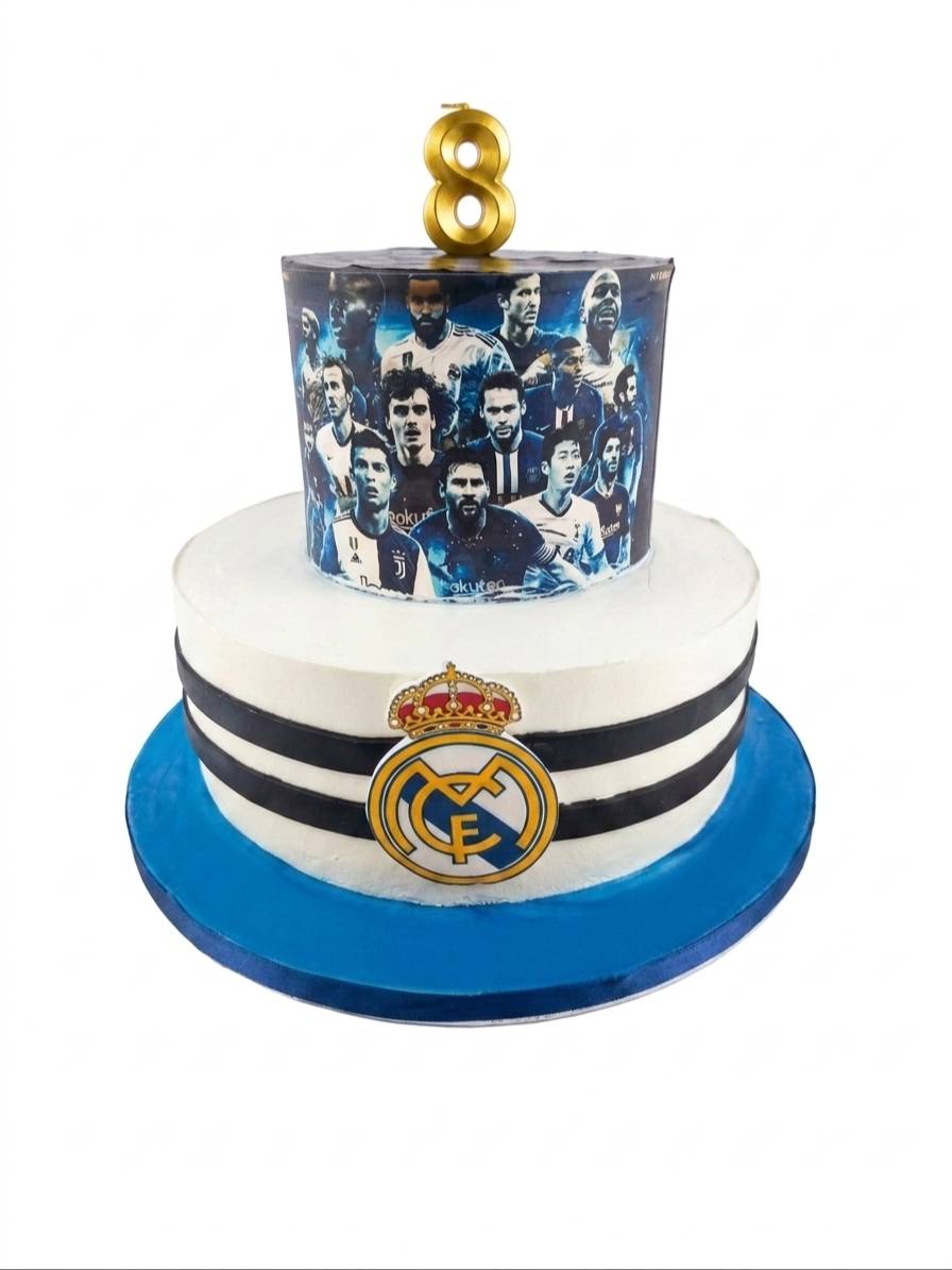 Two-tier Real Madrid Theme Birthday Cake in Bangalore, custom design featuring club colors and logo, perfect for football fan
