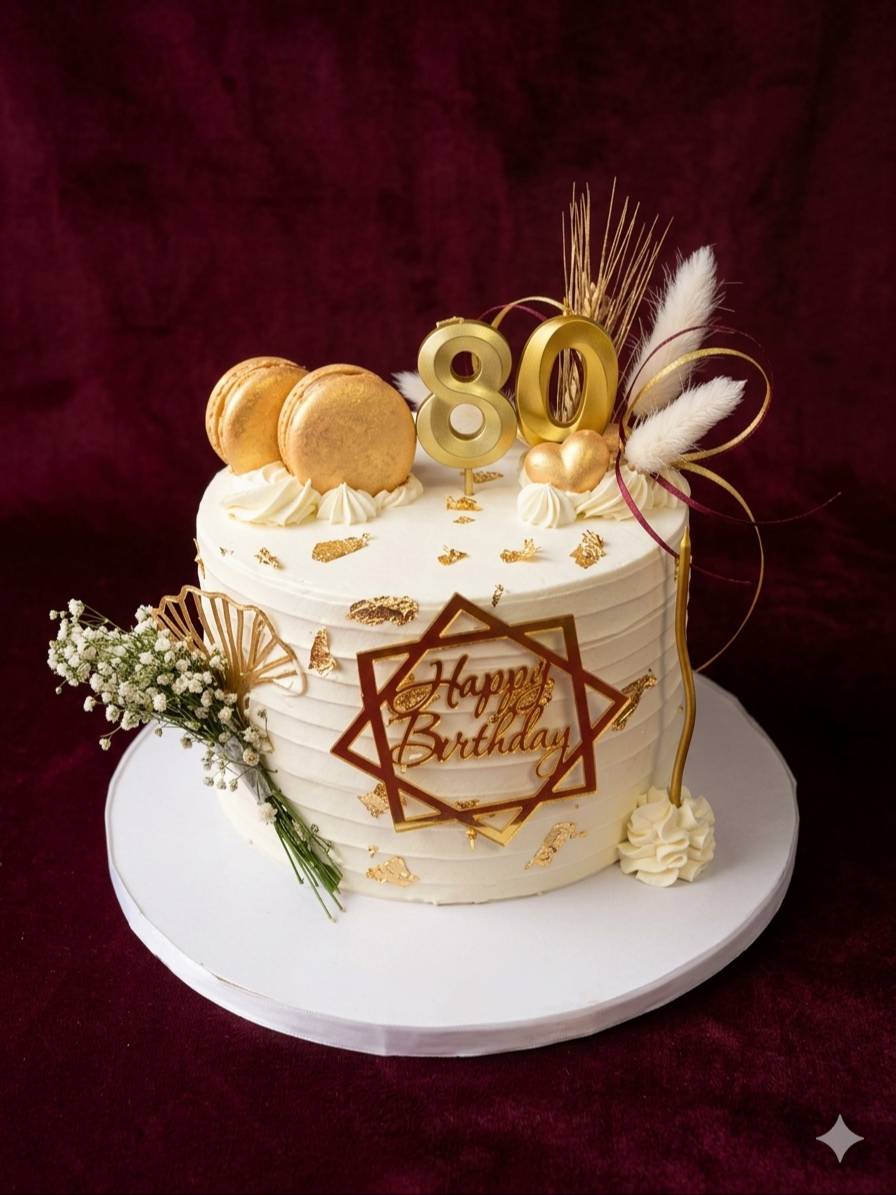 Elegant Celebration Cake Golden 80th Birthday with luxurious golden decorations from VARNIKA PATISSERIE in Bangalore, designe