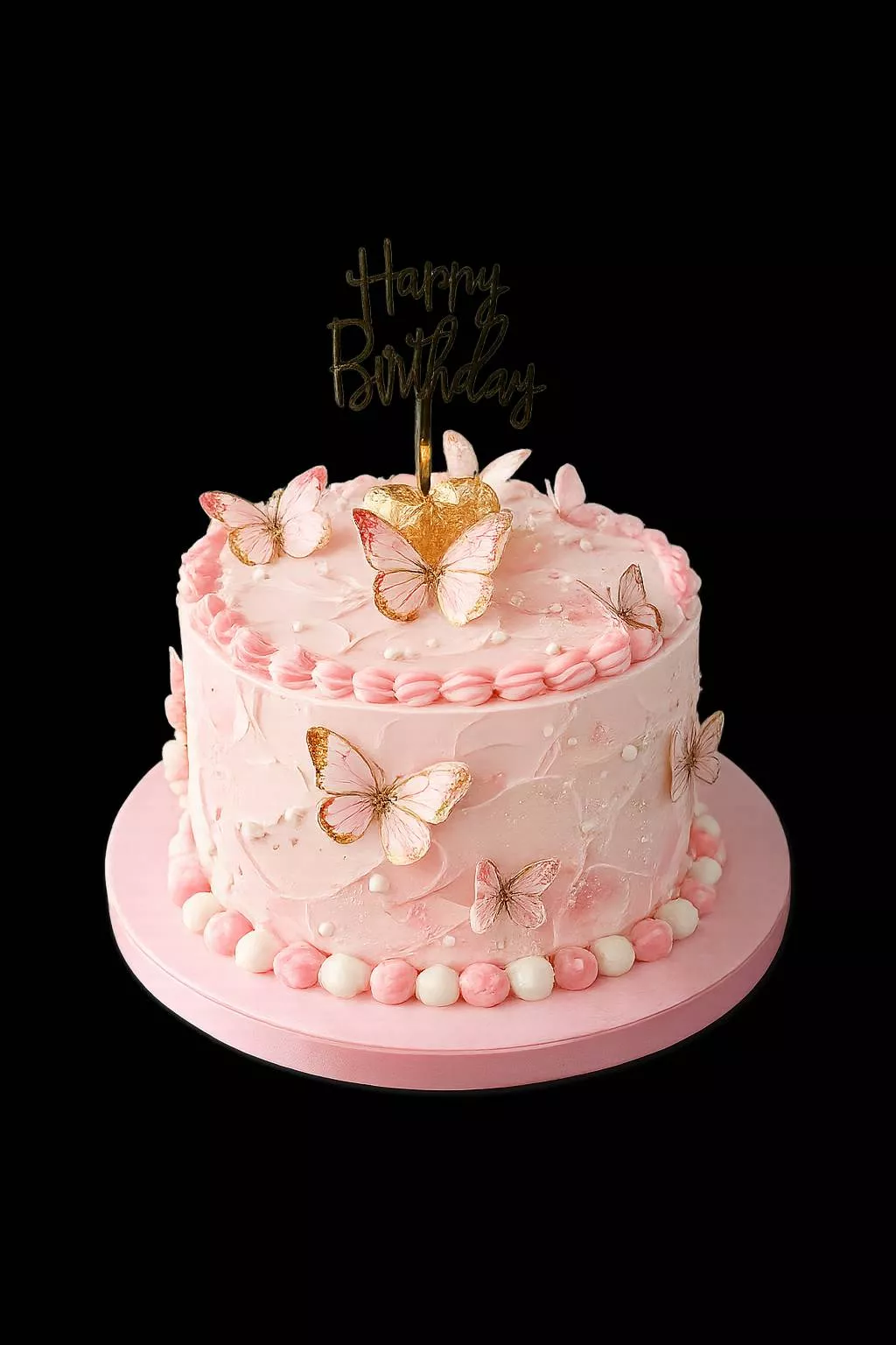Elegant pink Butterfly Birthday Cake with edible butterflies and heart-shaped topper from VARNIKA PATISSERIE in Bangalore.