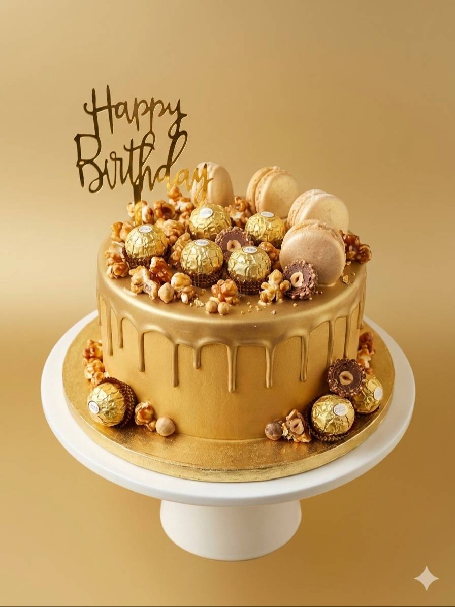 Elegant Golden Celebration Cake topped with Ferrero Rocher and macarons in Bangalore, beautifully decorated and perfect for s