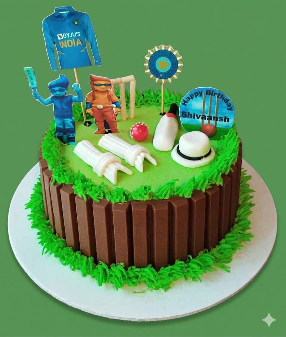 Cricket Theme Birthday Cake in Bangalore with vibrant edible decorations showcasing cricket elements, perfect for fans celebr