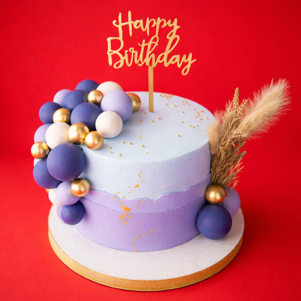 Two-tier elegant birthday cake in Bangalore decorated with stylish spheres and a golden 'Happy Birthday' topper
