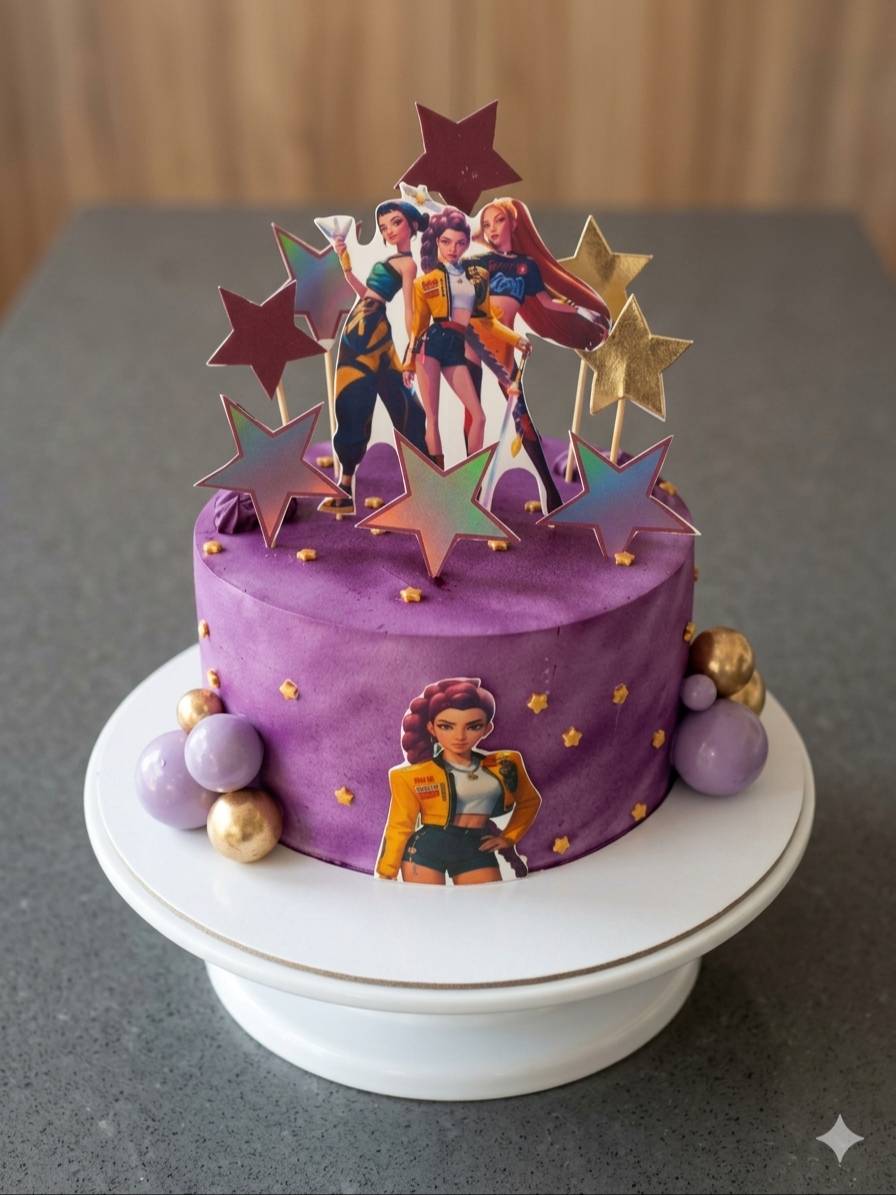 Vibrant purple galaxy-themed birthday cake with character toppers and star decorations in Bangalore, perfect for celebrations