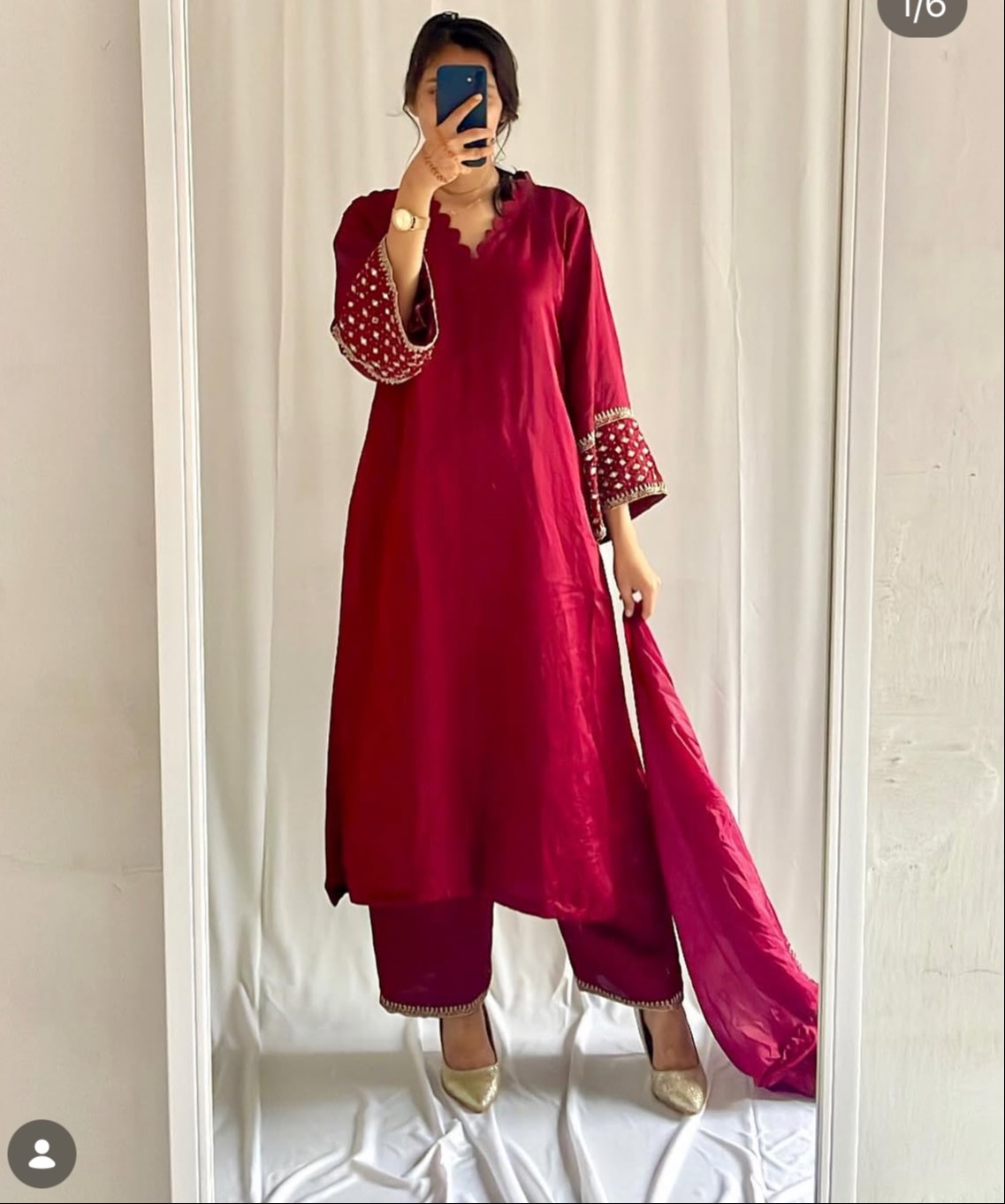 Embroidered Kurta Set in Moonalingal Maroon Color with embroidered sleeves, matching pants, and dupatta displayed in Kozhikod