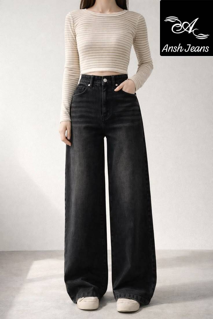 Wide-leg denim jeans from Ansh showcasing a stylish design, perfect for casual and trendy outfits, available at Kritika Fashi