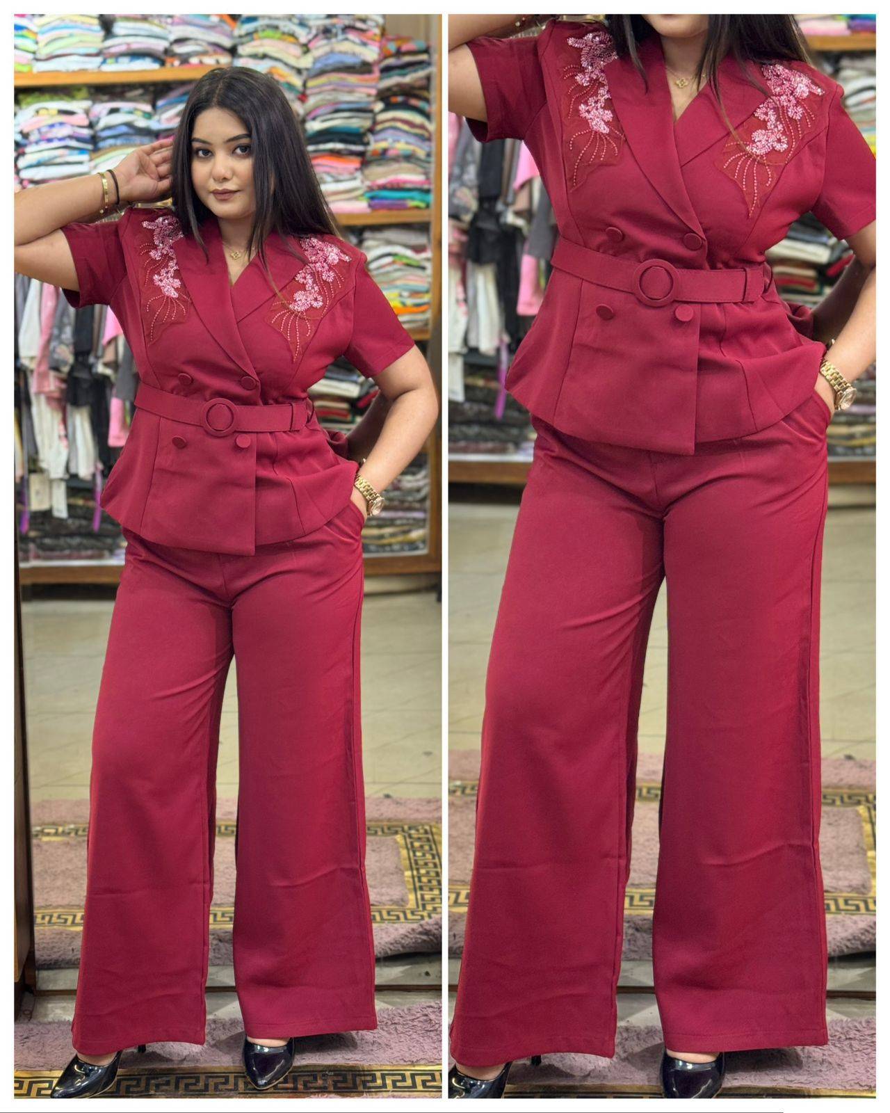 Elegant maroon pantsuit with floral embroidery displayed on a mannequin at Kritika Fashion Point in Kharar