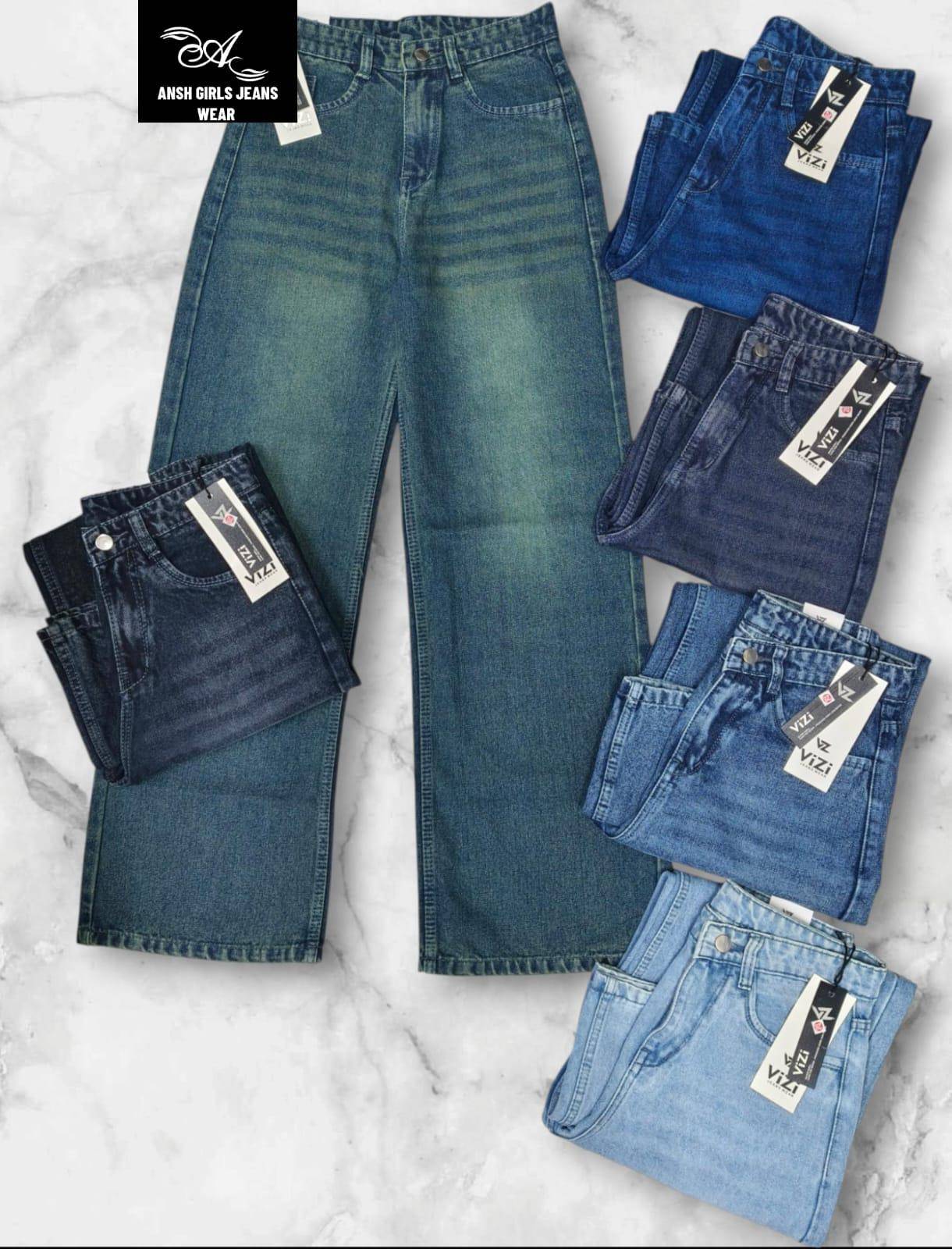 Trendy Ansh Girls Wide-Leg Jeans in multiple colors displayed in a retail setting at Kritika Fashion Point, KHARAR