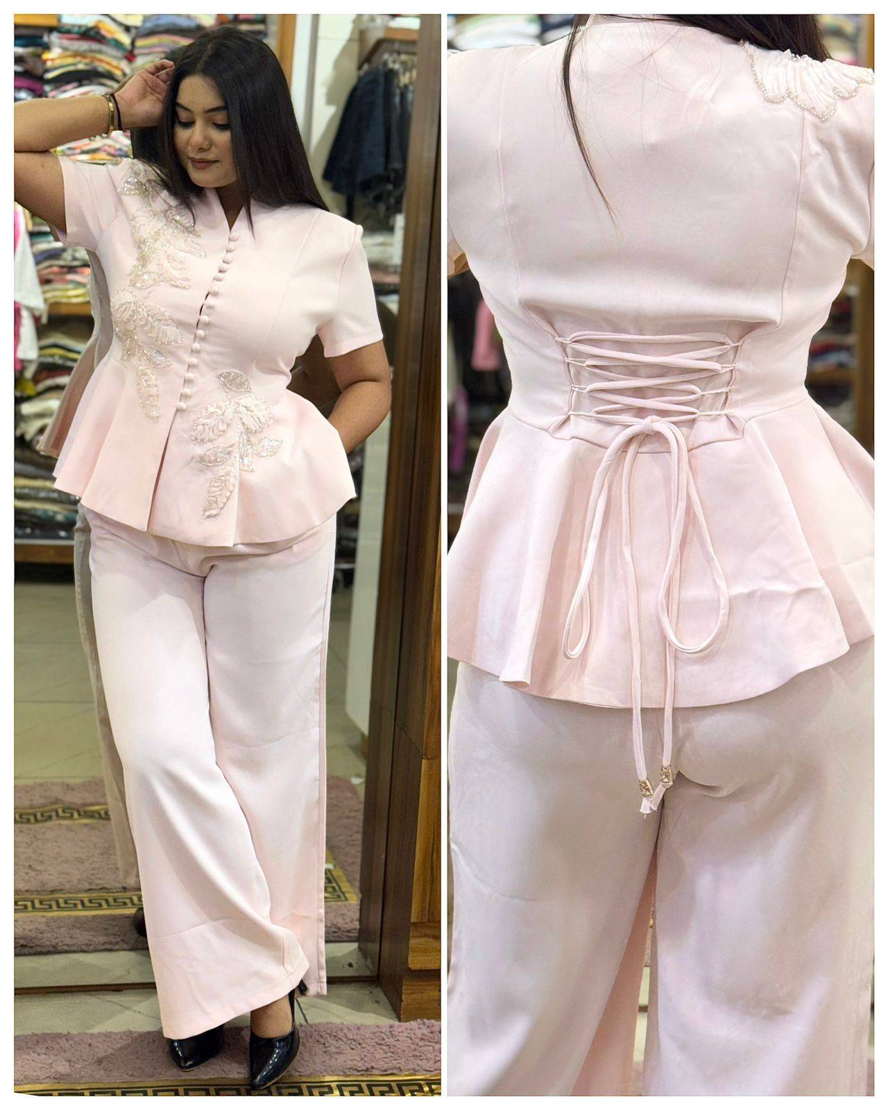 Elegant pink embroidered peplum set from Kritika Fashion Point, designed for formal events in Kharar with delicate embroidery