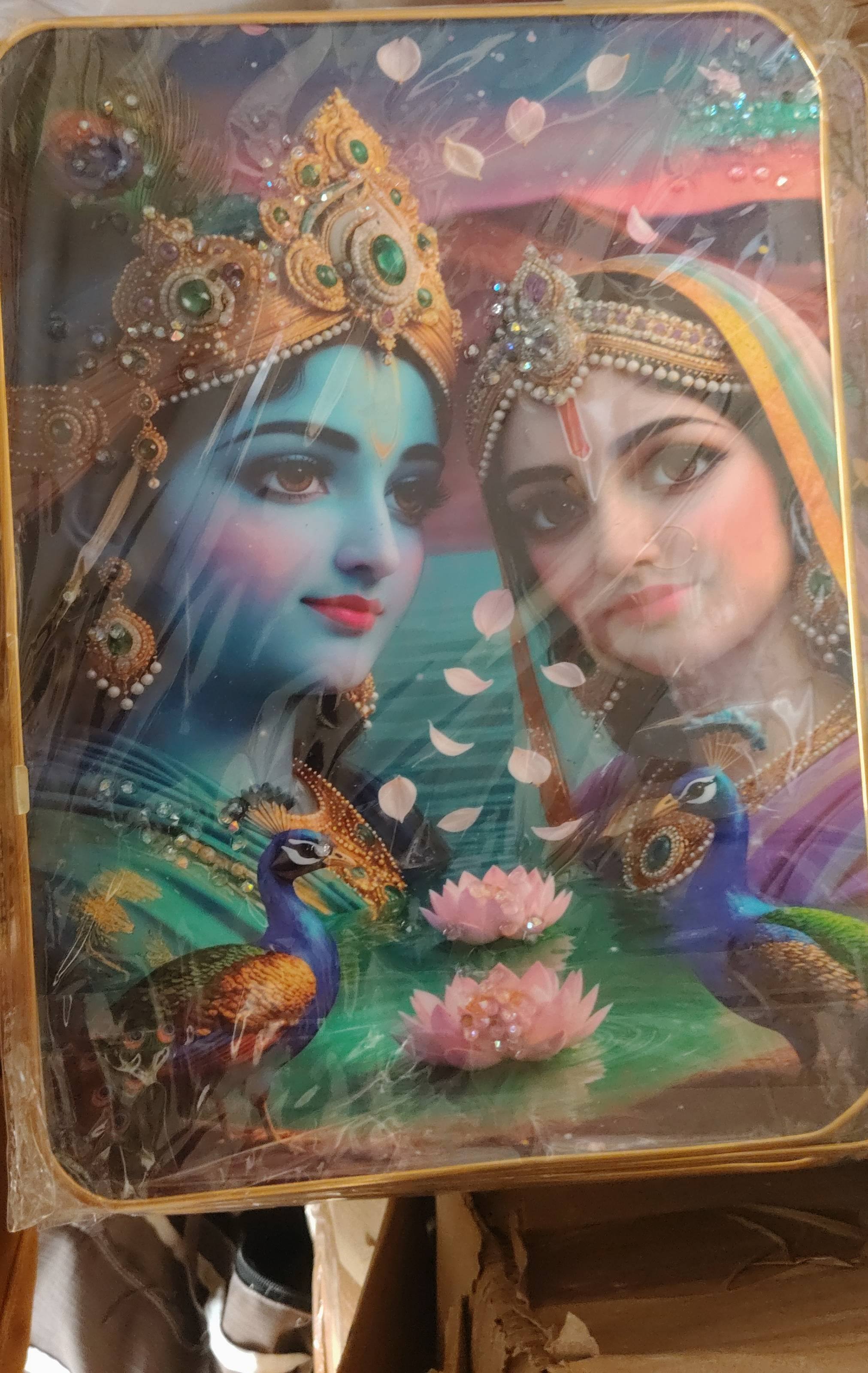 Colorful Divine Radha Krishna Wall Art featuring peacocks and lotus, ideal for spiritual decor in Nowgong.
