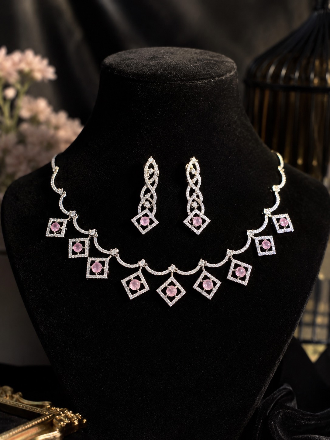 Elegant pink stone necklace set with matching earrings displayed in Hathras