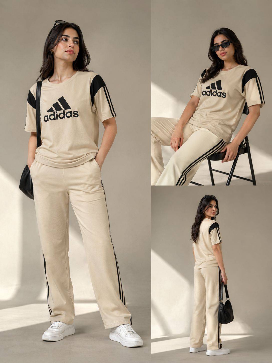 Stylish beige Adidas women's sportswear set in Kharar including a t-shirt and track pants.