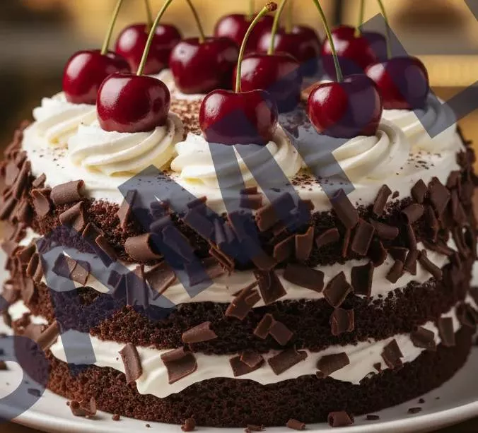 Rich chocolate sponge layered with whipped cream and cherries in a delightful presentation of Black Forest Cake in BABAIN.
