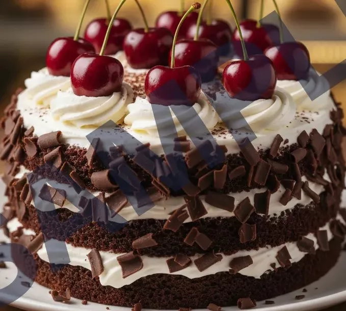 Chocolate layered Black Forest Cake with cherries and chocolate shavings, displayed at Kalu Ram and Sons in Babain, Haryana. - Image 1