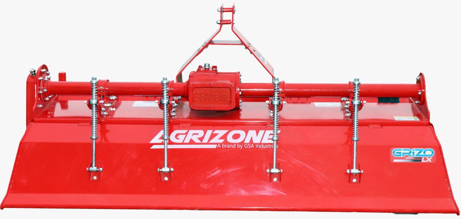 Agricultural Rotavator displayed at GURU NANAK AGRICULTURE in BAZPUR, showcasing its robust design for soil cultivation.