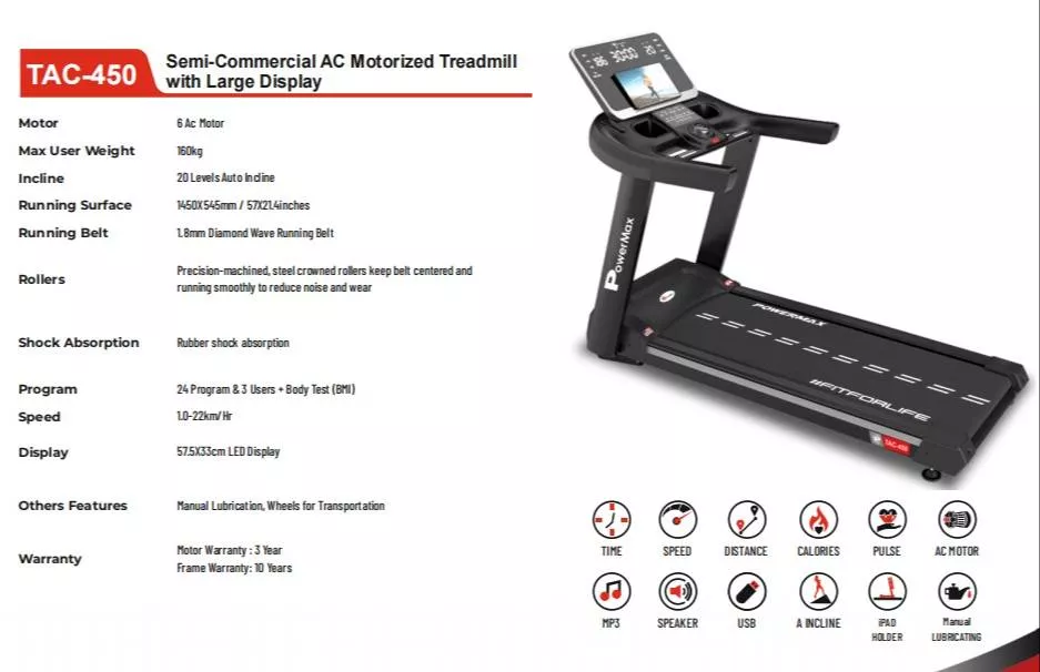 PowerMax TAC450 Treadmill showcased in a fitness setting in COIMBATORE