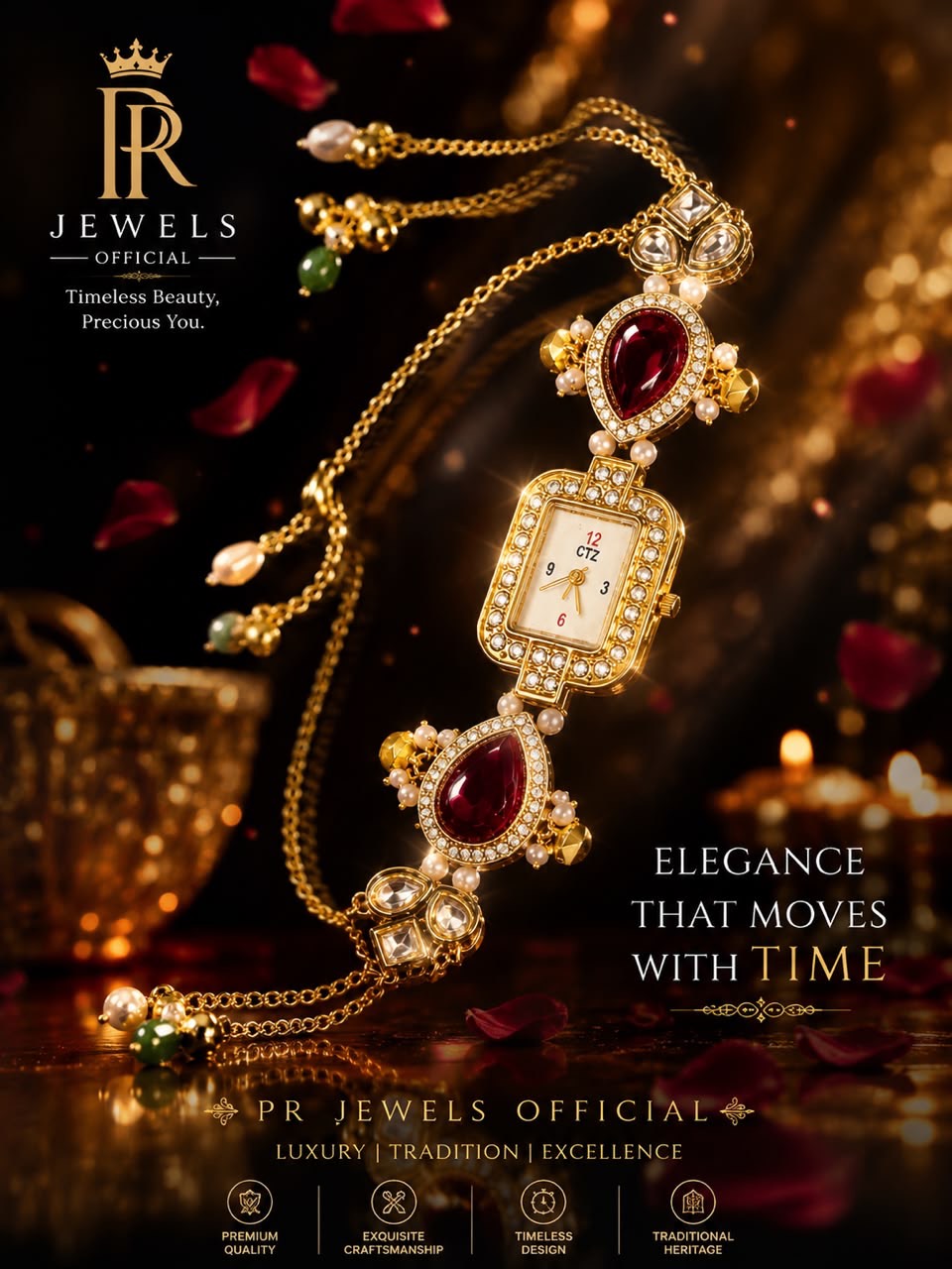 Luxurious gold-plated PR Jewels Timeless Elegance Watch with gemstone detailing, Hathras