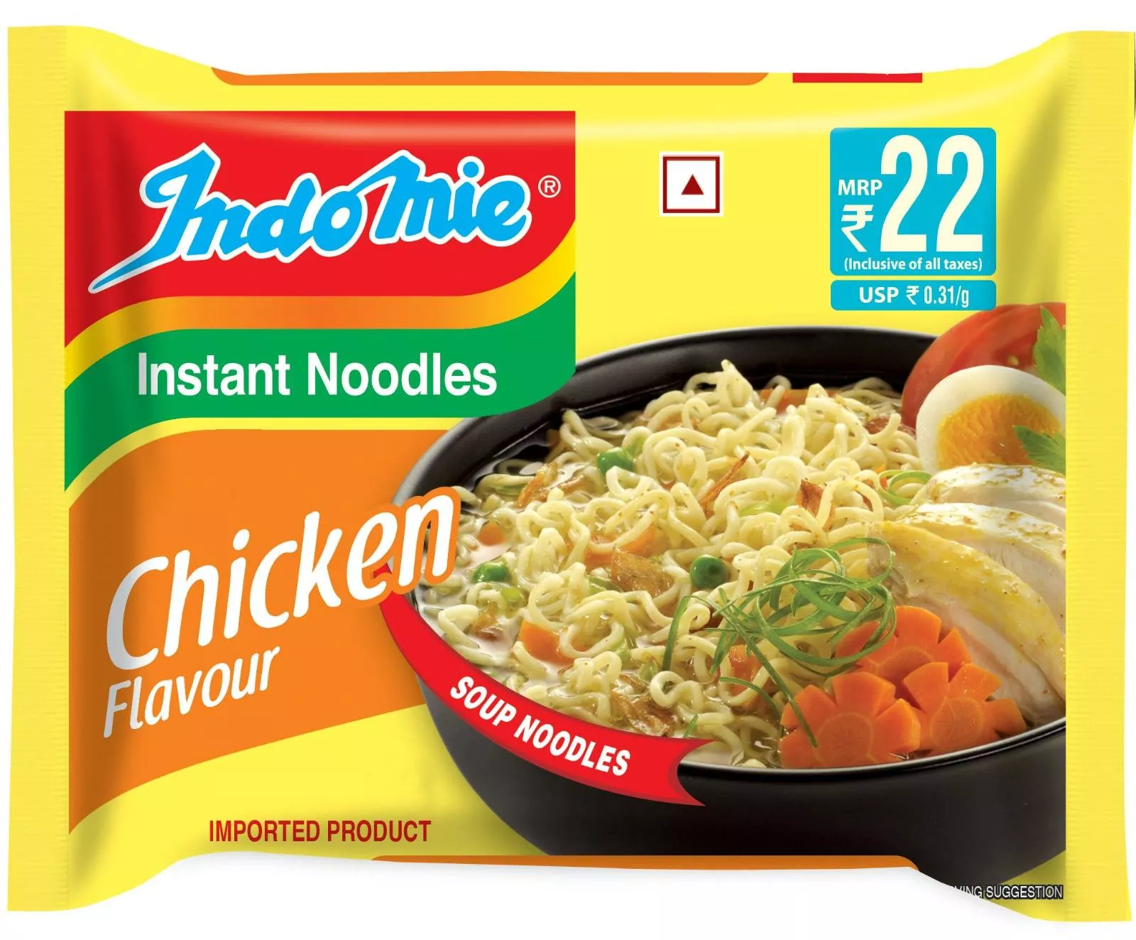Indomie Noodles pack displayed with Ghaziabad city skyline in background