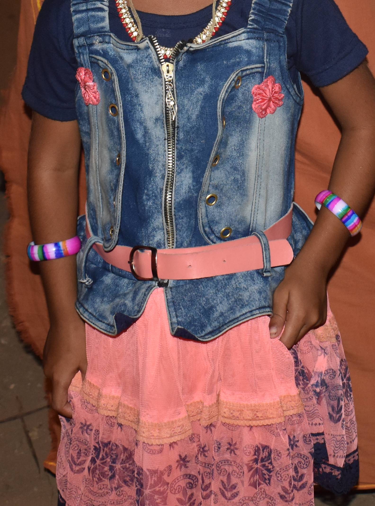 Stylish denim vest and pink skirt set for girls in Trichy
