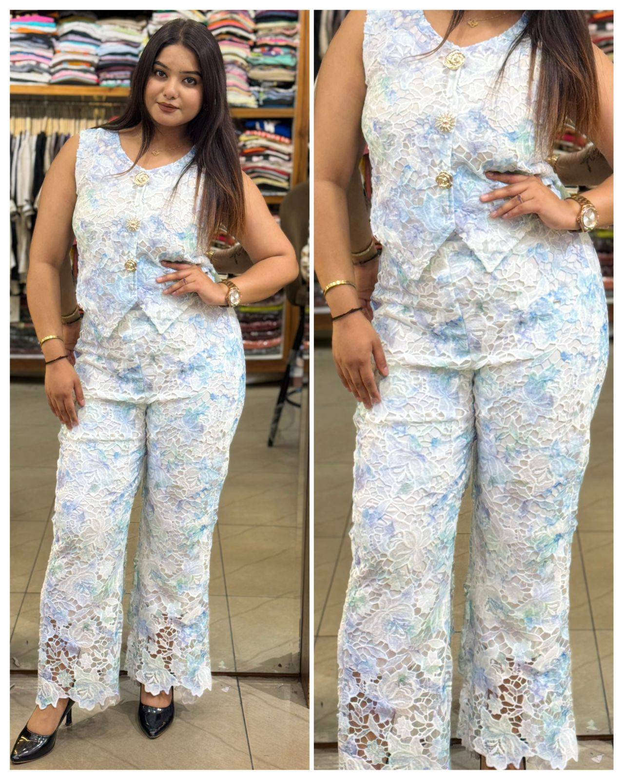 Chic floral lace co-ord set featuring sleeveless top and matching pants in Kharar