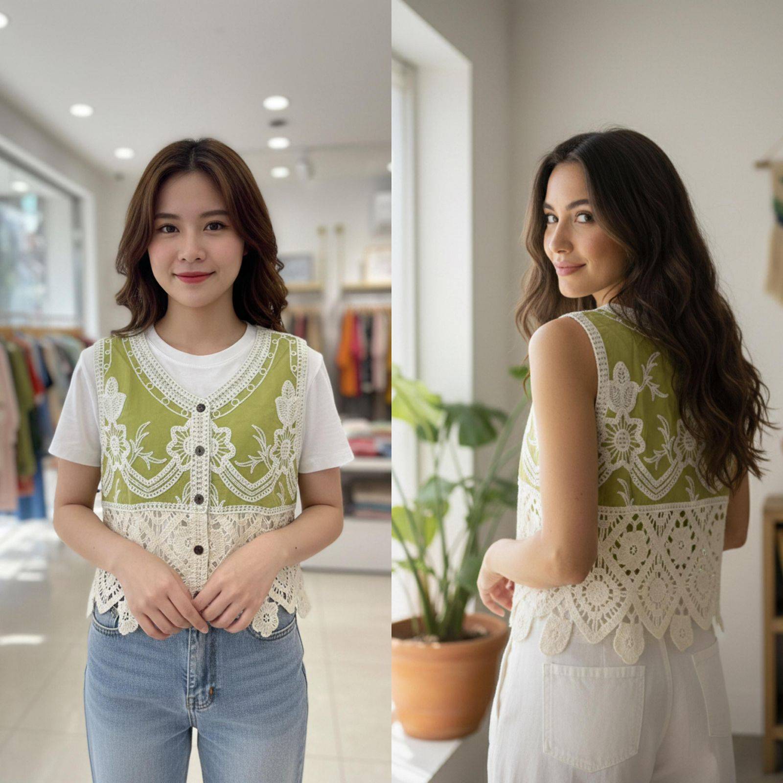 Floral Lace Overlay Sleeveless Vest displayed elegantly in Kharar, showcasing intricate lace details and stylish design.