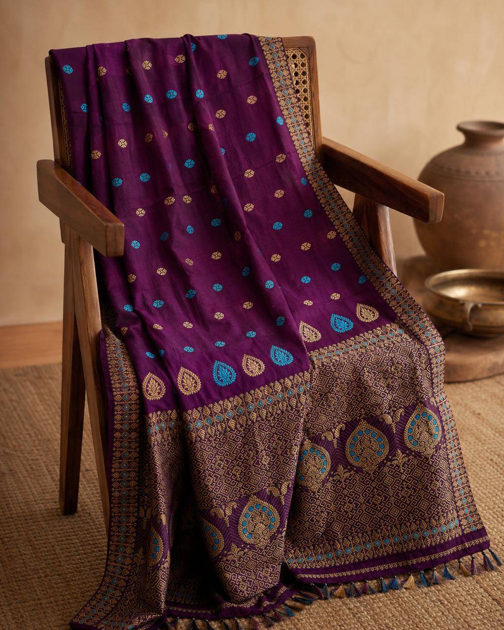Elegant Assam Handwoven Cotton Saree displayed in Guwahati, showcasing intricate patterns and vibrant colors.