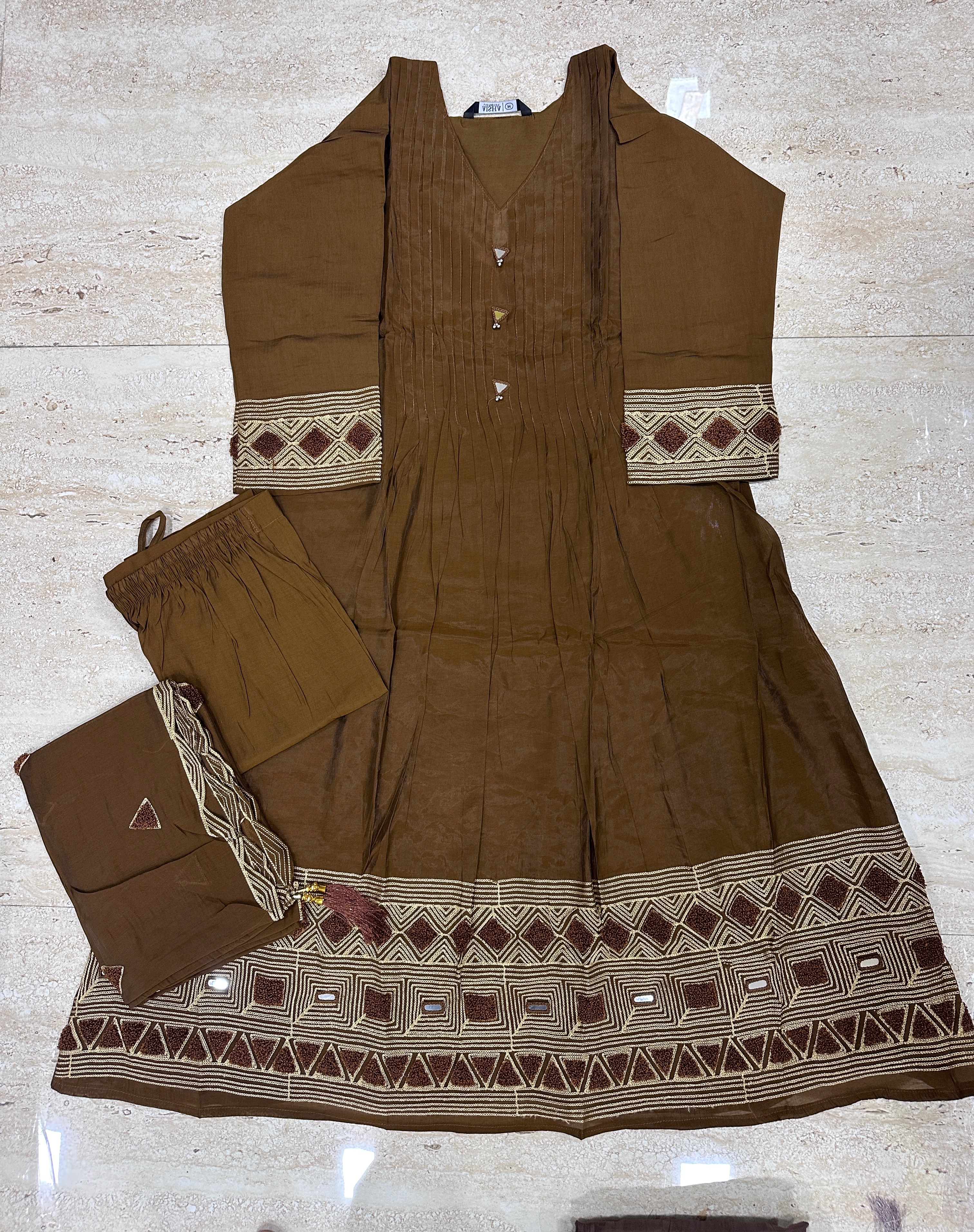 Elegant Mull Chenderi Anarkali Set displayed in SIRA, showcasing its intricate design and vibrant colors. - Image 1