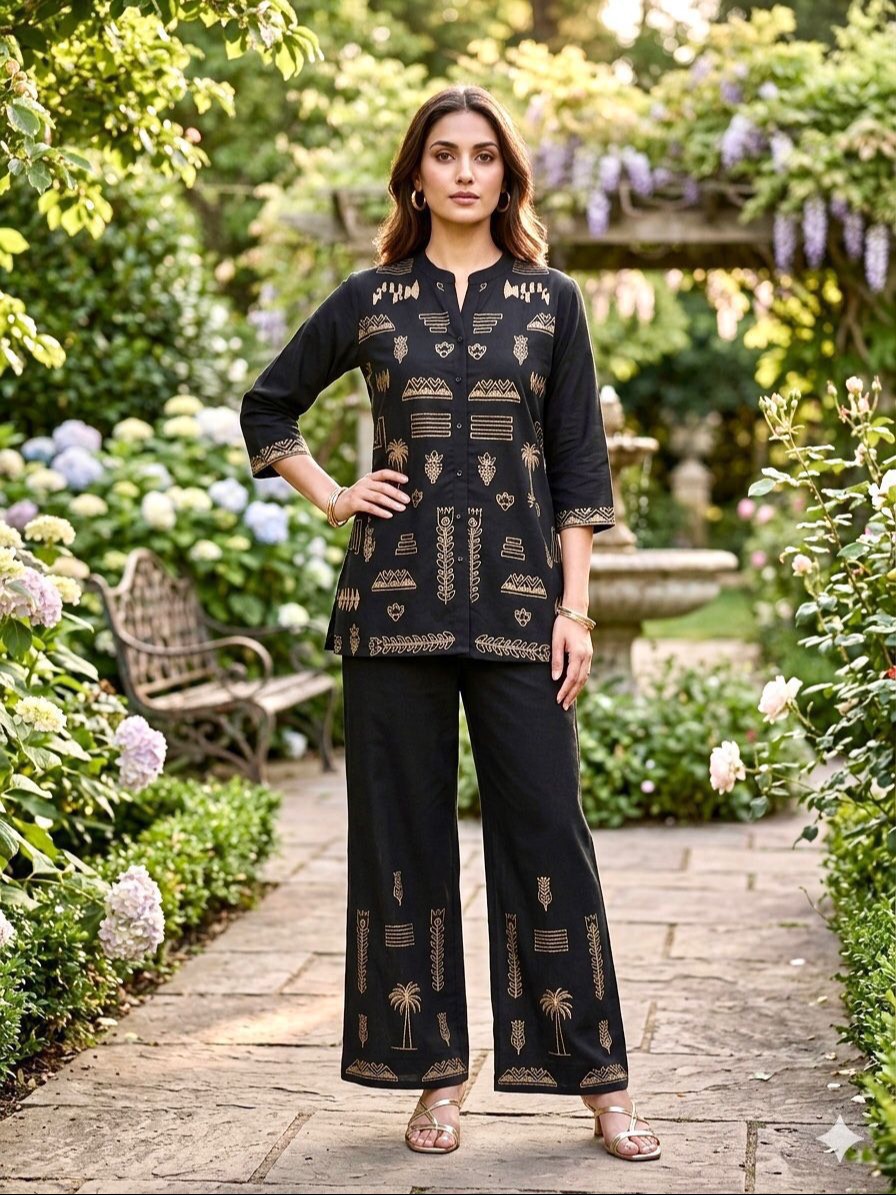 Elegant embroidered black kurta set displayed in Surat, featuring gold embroidery and straight pants.
