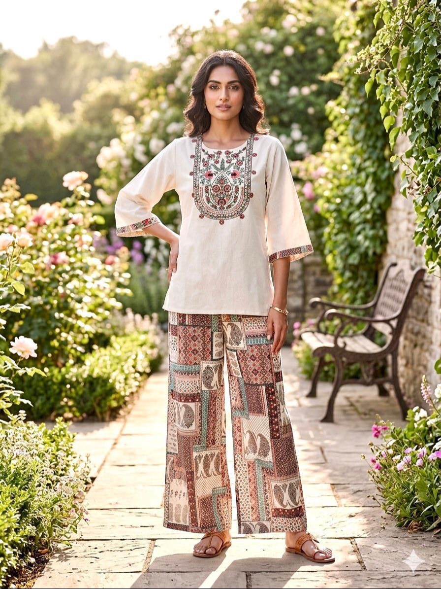 Elegant Boho Chic Kurta Set with embroidery and palazzo pants in Surat