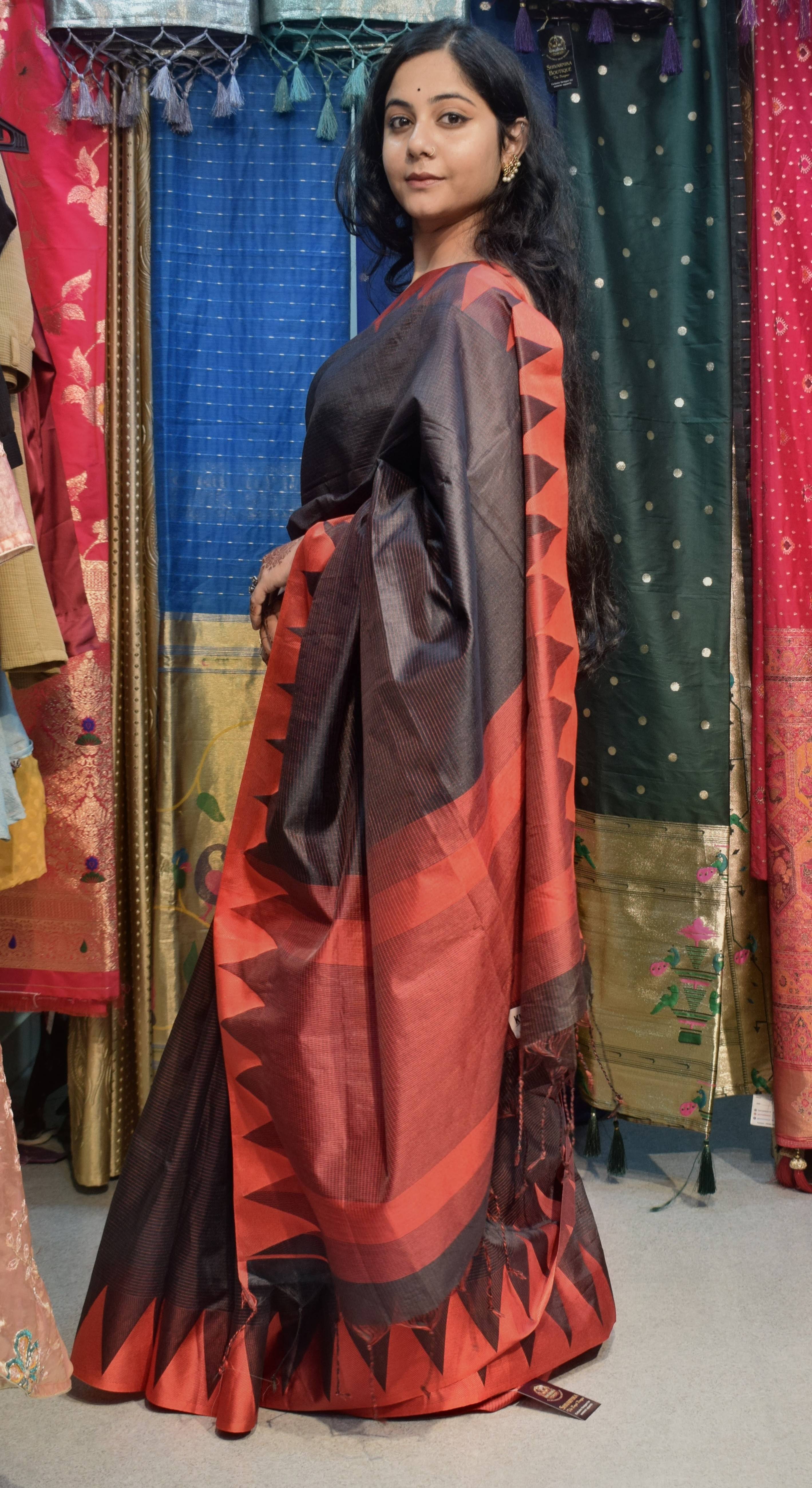Elegant red and black Silk Saree featuring geometric patterns in GORAKHPURMP - Image 1