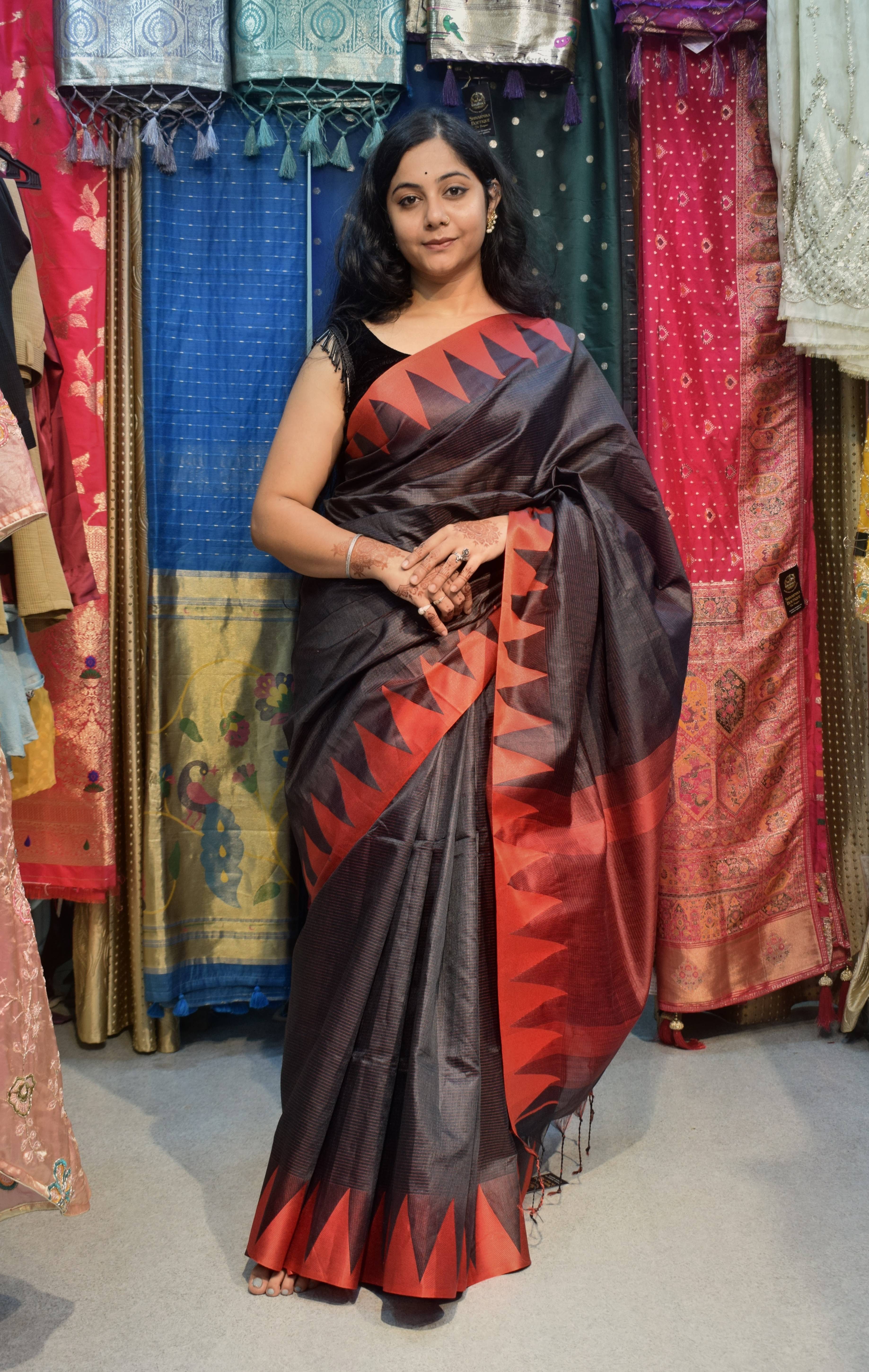 Elegant red and black Silk Saree featuring geometric patterns in GORAKHPURMP - Image 2