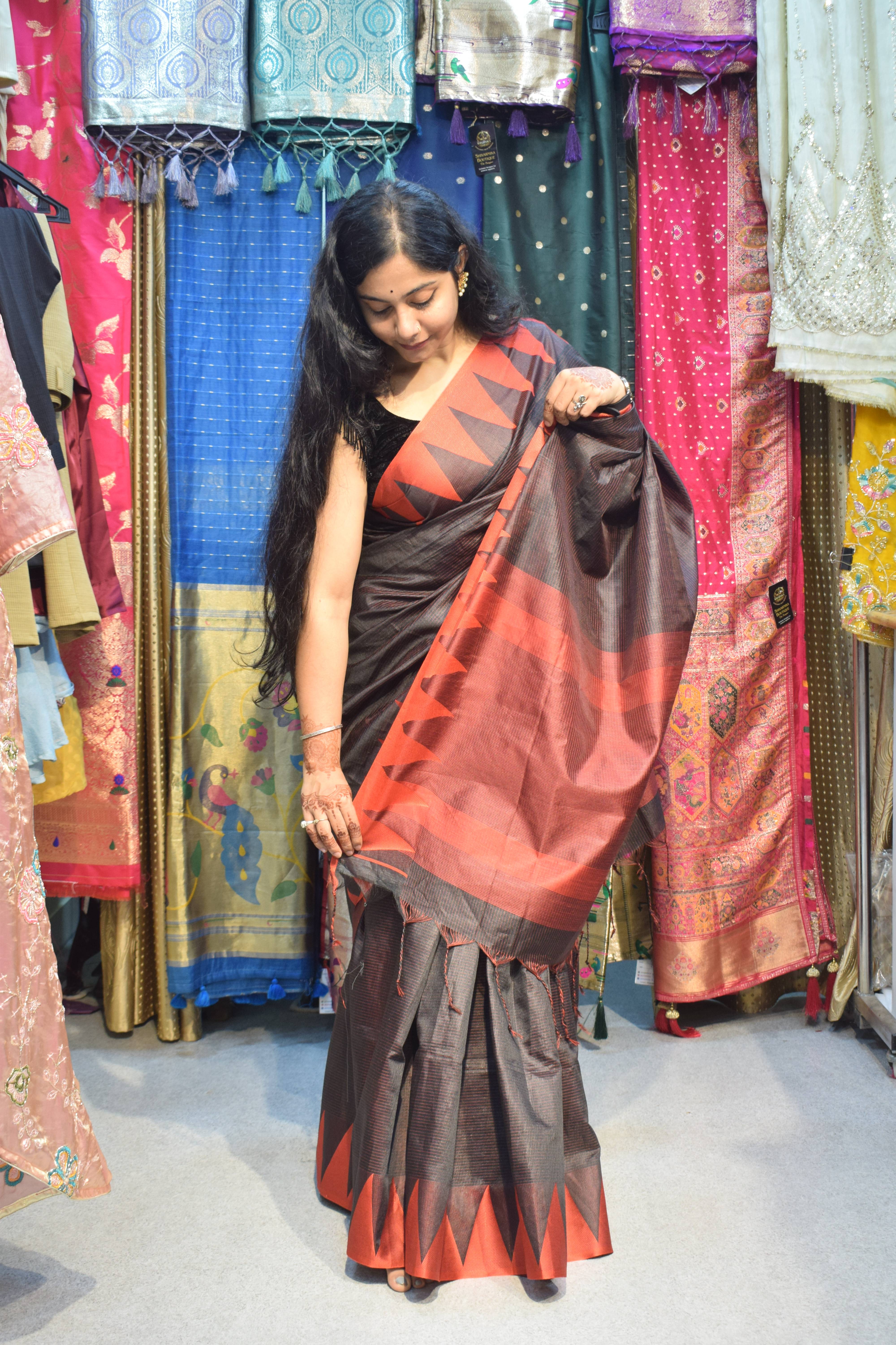 Elegant red and black Silk Saree featuring geometric patterns in GORAKHPURMP - Image 4