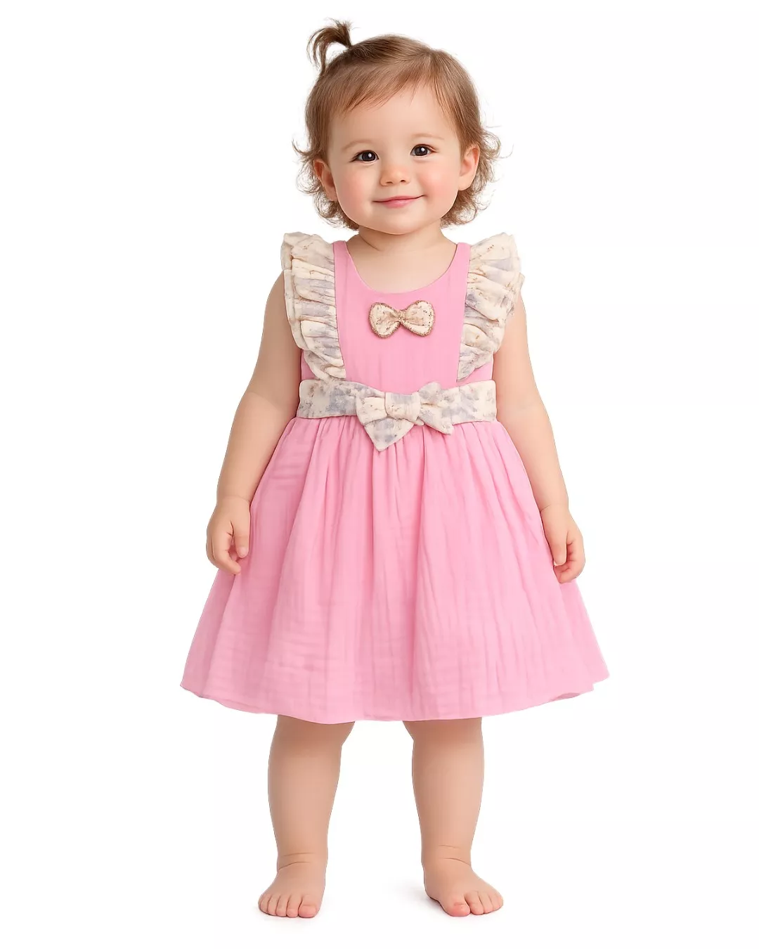 Charming pink ruffle baby dress with bow accents in Chandurbazar