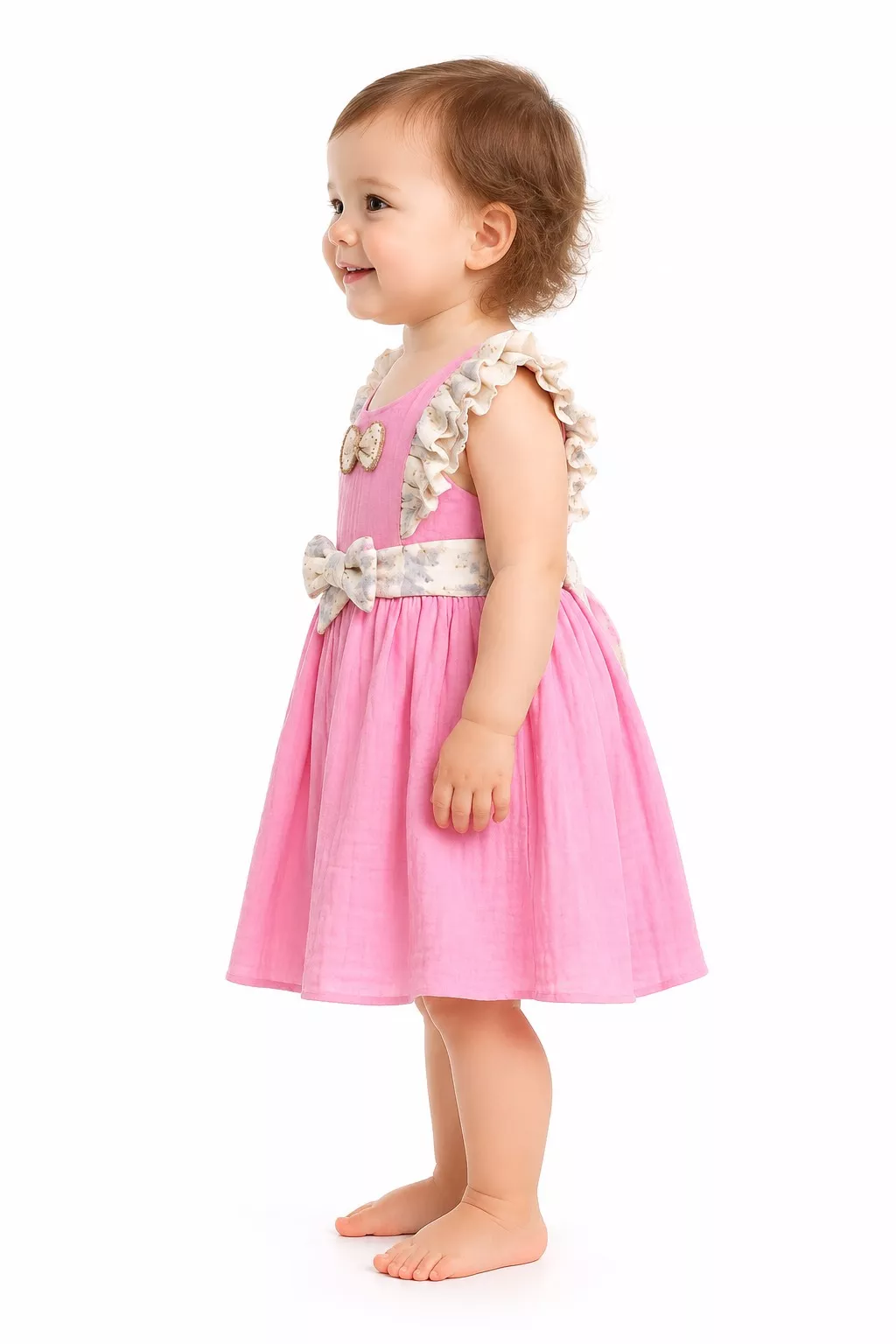 Charming pink ruffle baby dress with bow accents in Chandurbazar - Image 1