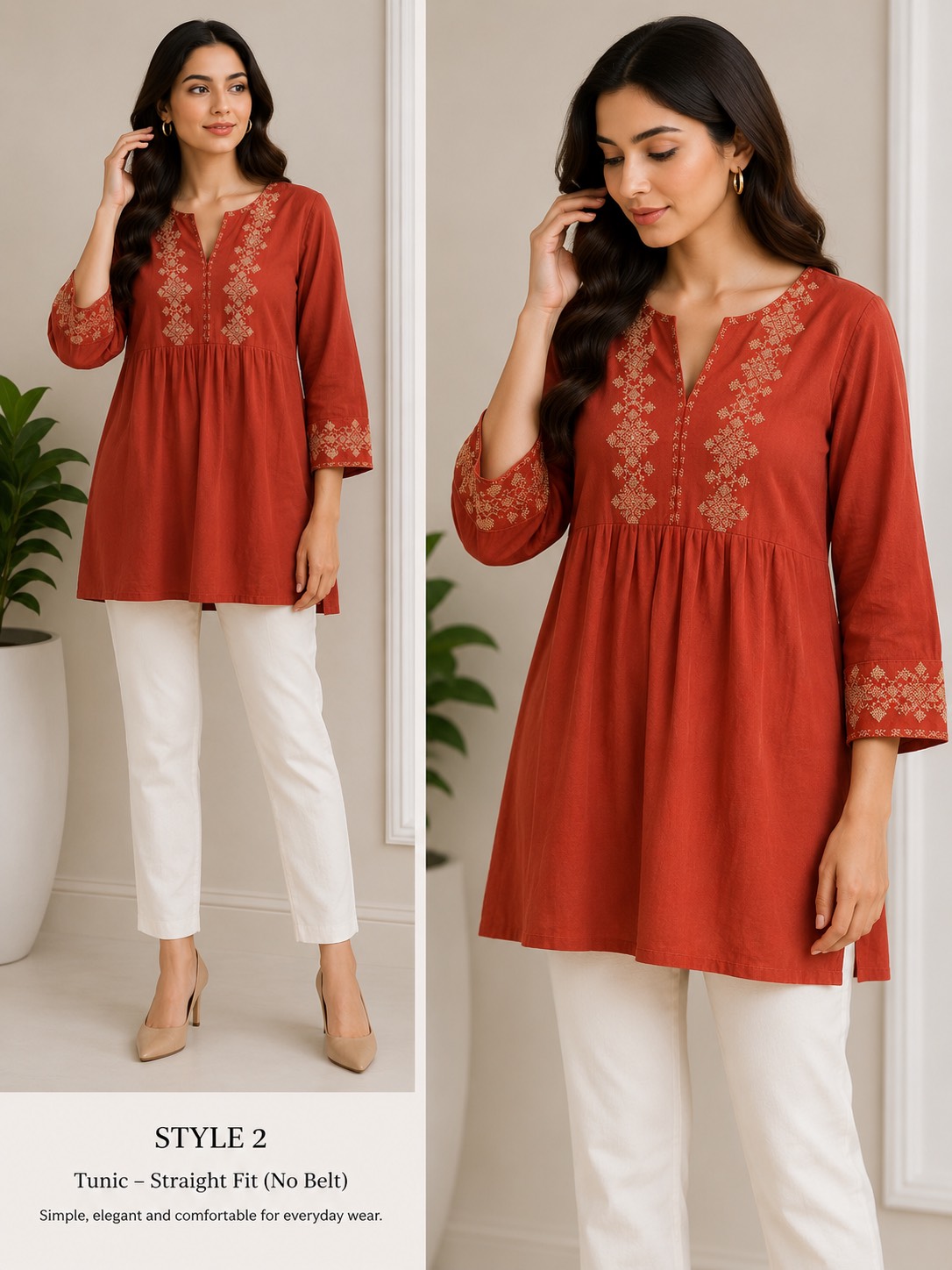 Elegant rust embroidered tunic showcasing intricate design in Surat