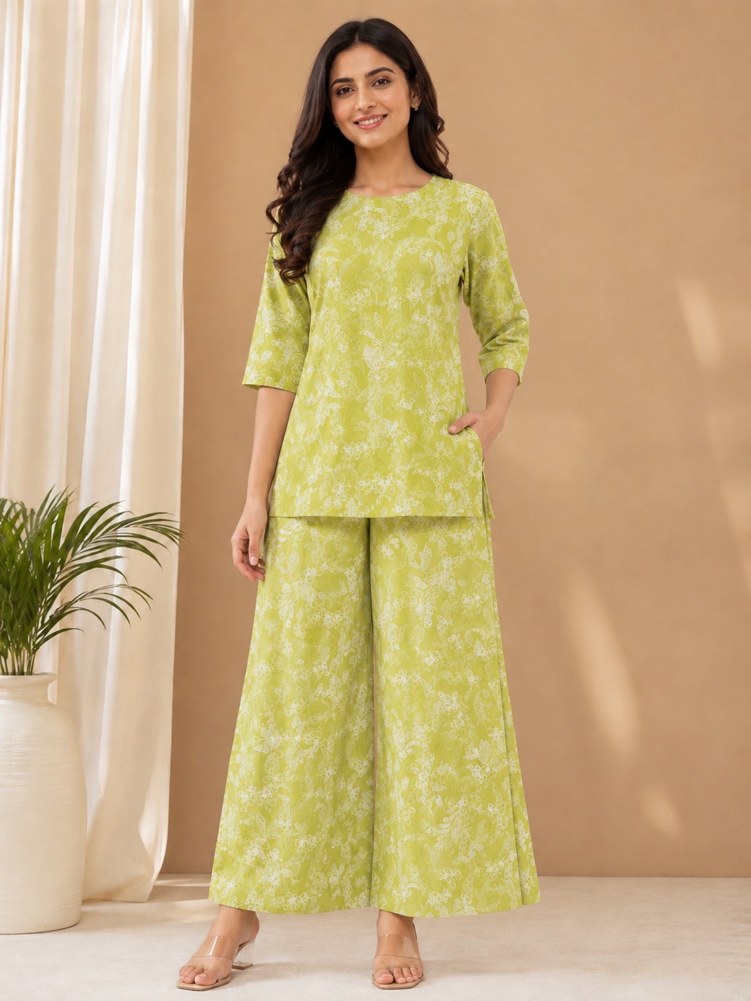 Stylish green Floral Co-ord Set displayed in Surat, featuring a relaxed fit and vibrant floral design.